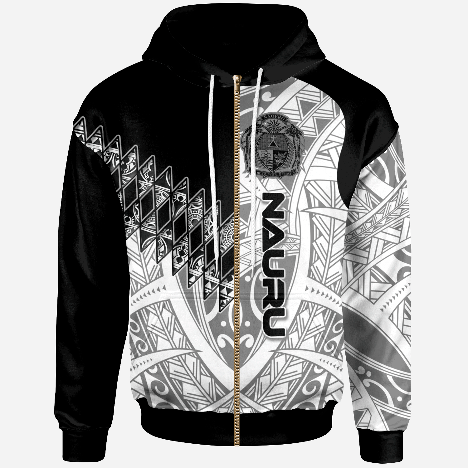 Nauru Zip Hoodie Symmetry Style Unisex Black - Polynesian Pride