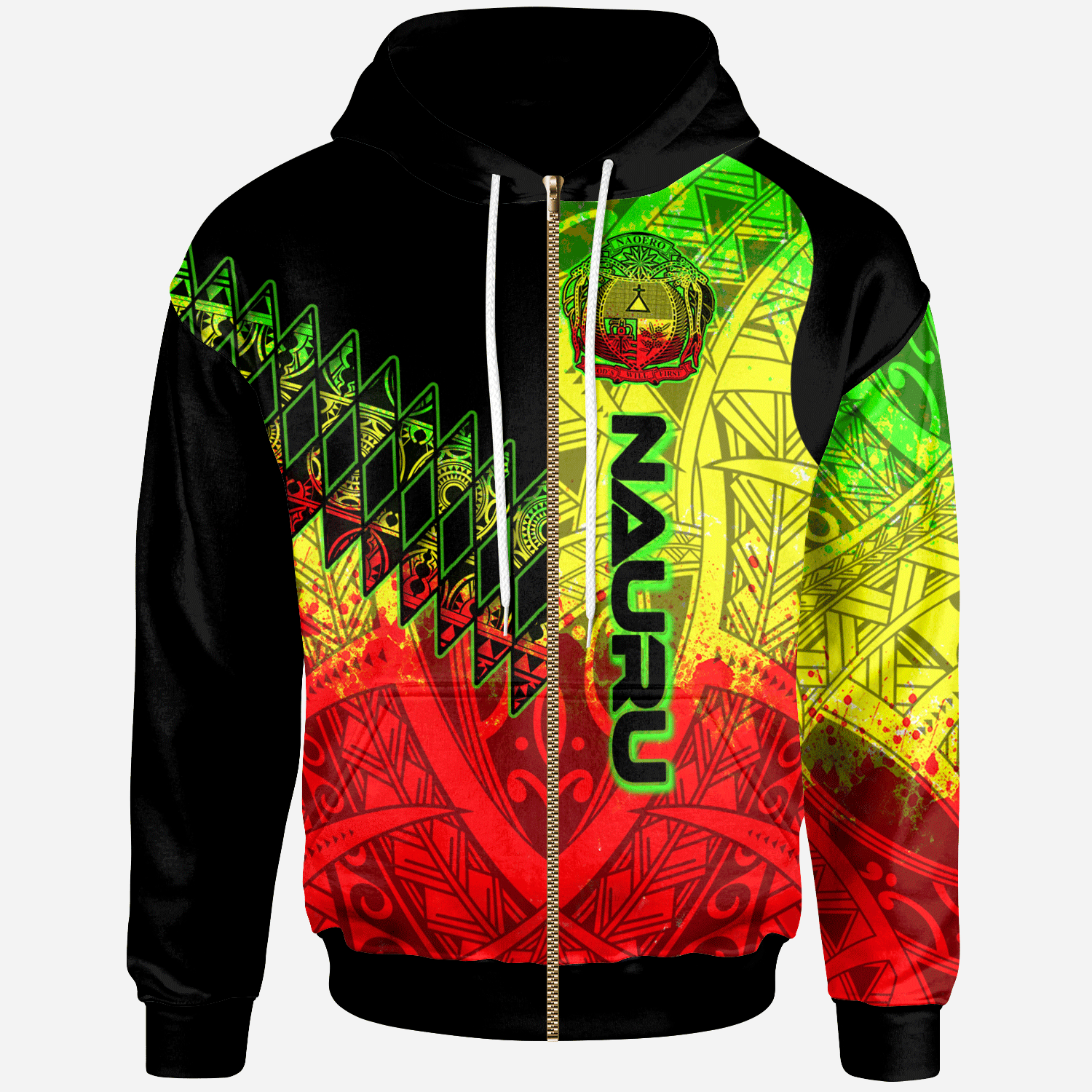 Nauru Zip Hoodie Reggage Color Symmetry Style Unisex Black - Polynesian Pride