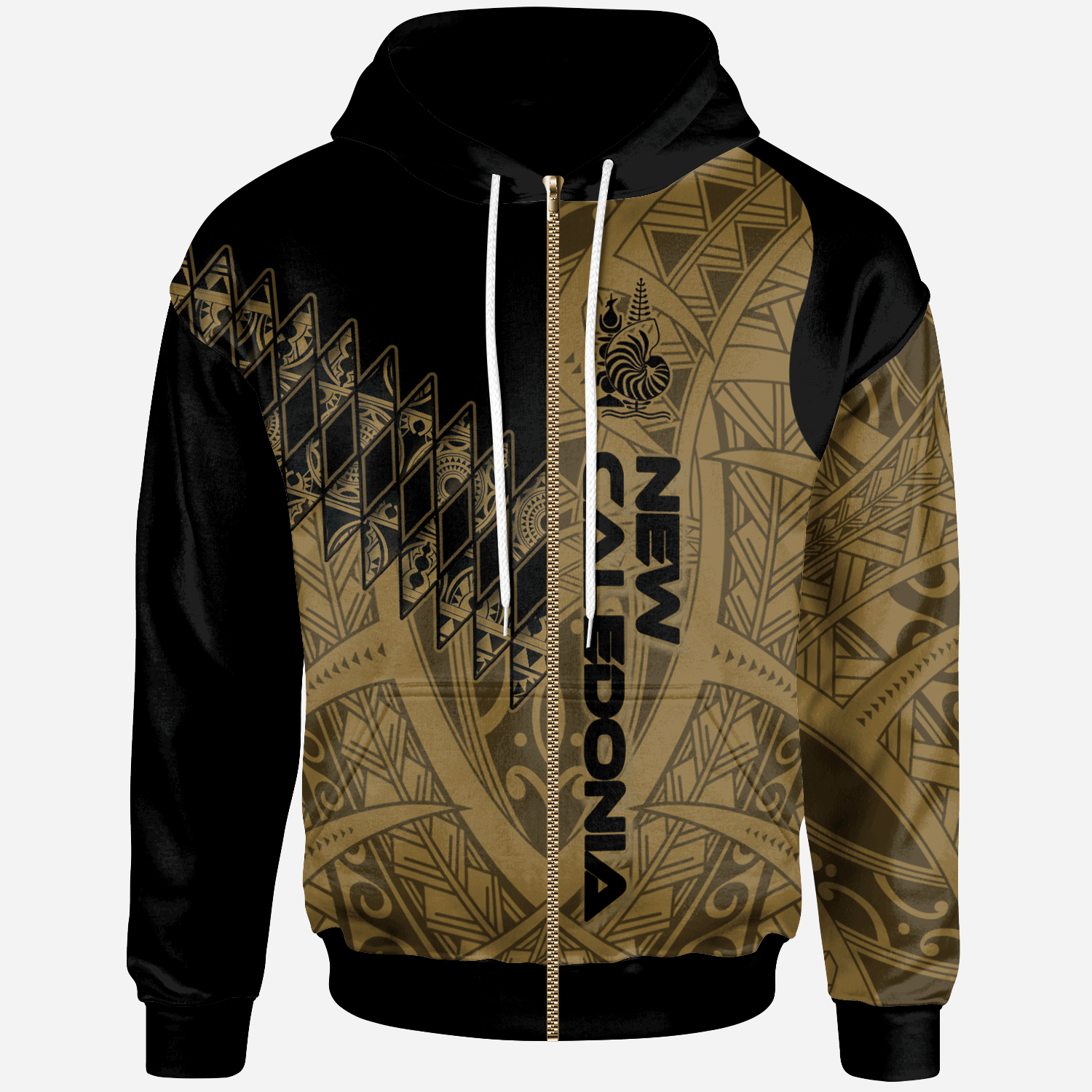 New Caledonia Zip Hoodie Gold Color Symmetry Style Unisex Black - Polynesian Pride