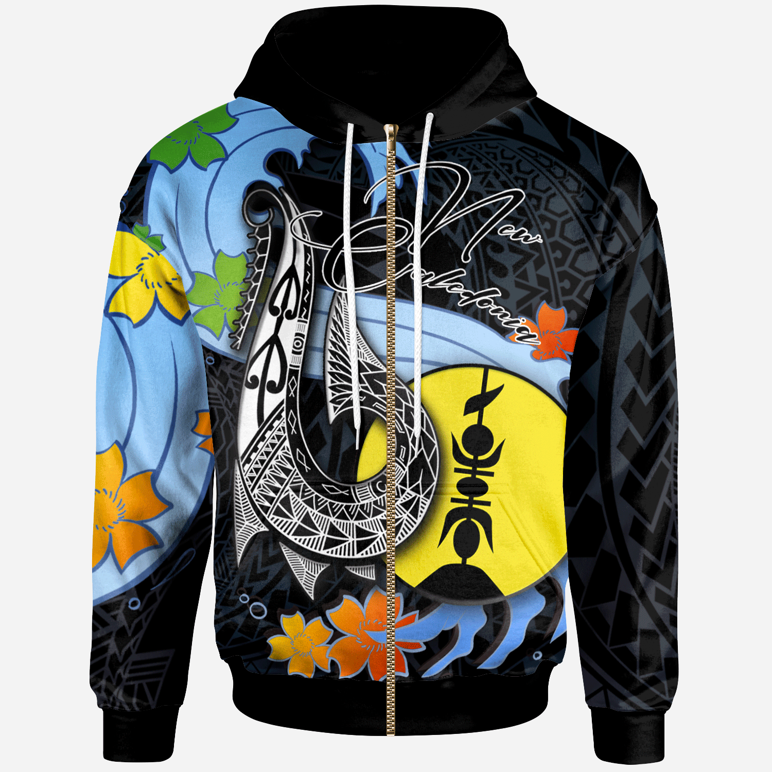 New Caledonia Zip Hoodie Fish Hooks and Wave Unisex Black - Polynesian Pride