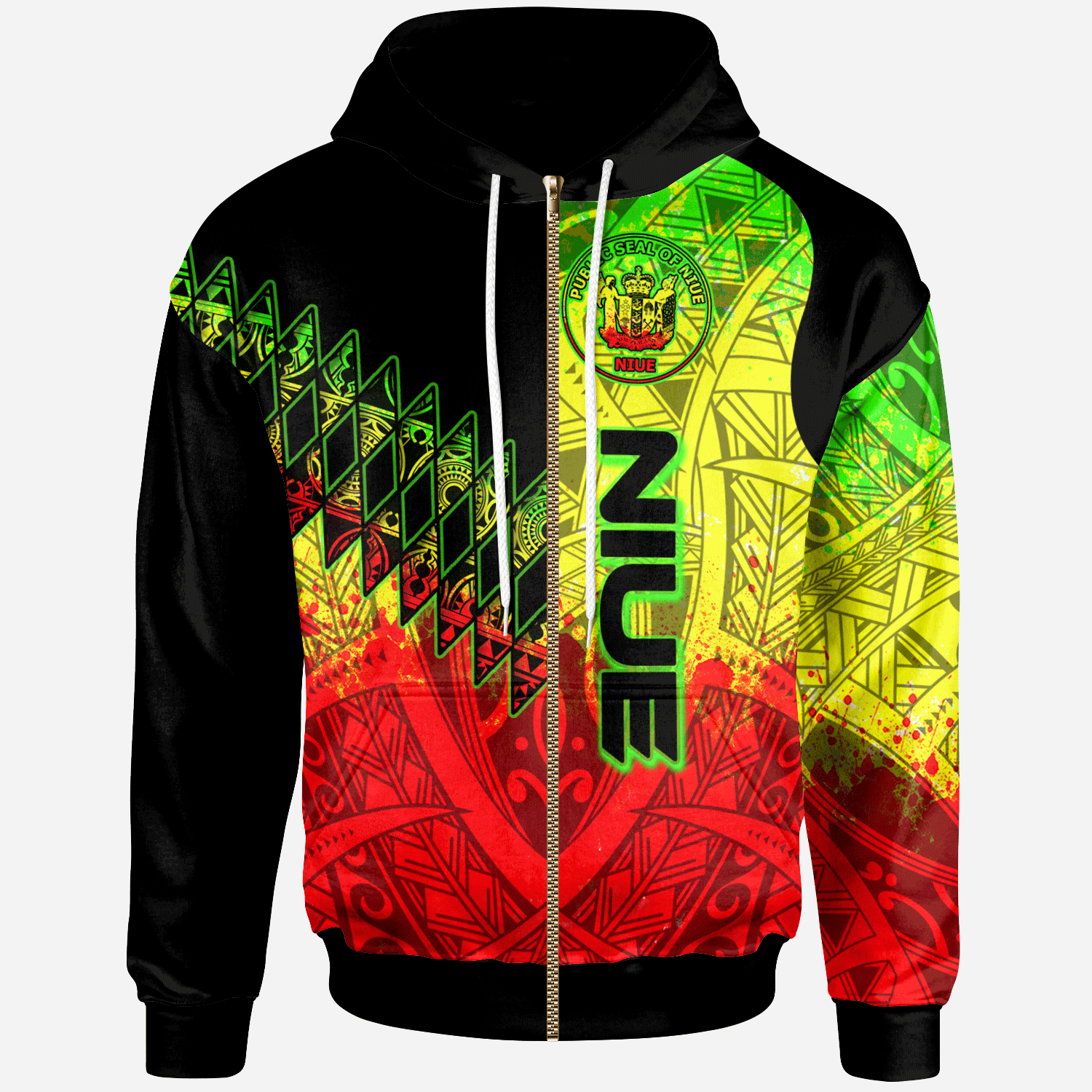 Niue Zip Hoodie Reggage Color Symmetry Style Unisex Black - Polynesian Pride