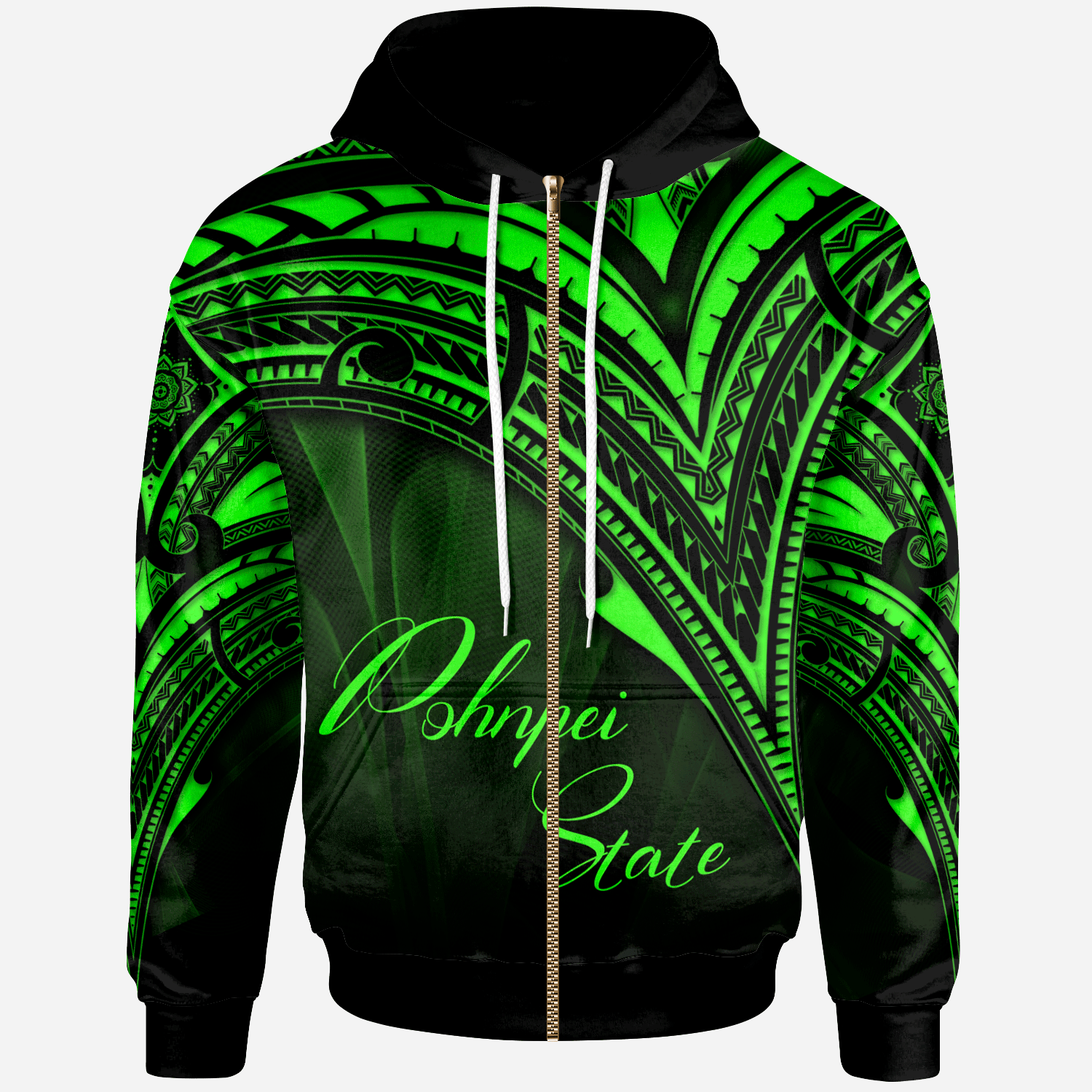 Pohnpei State Zip Hoodie Green Color Cross Style Unisex Black - Polynesian Pride