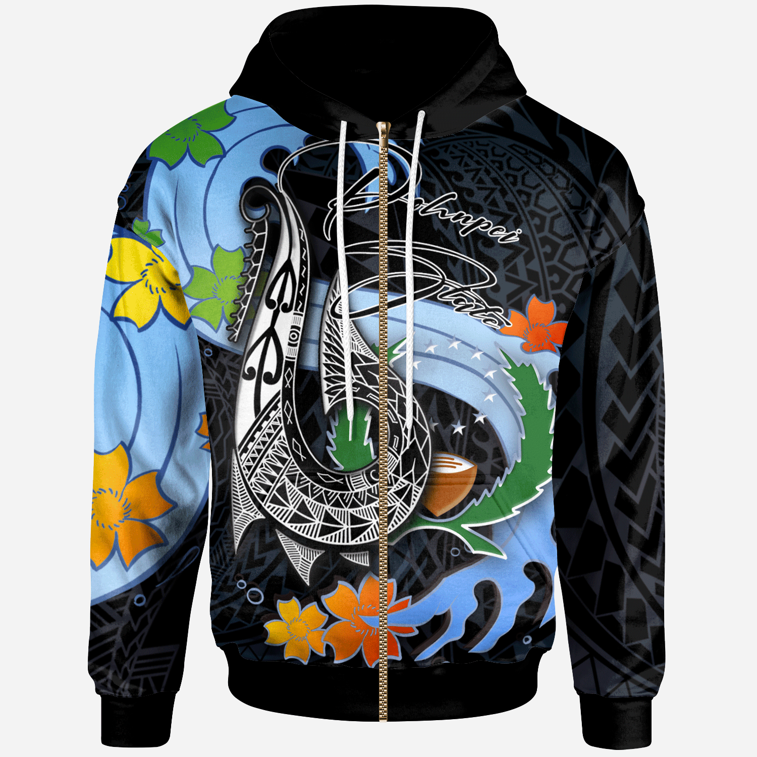 Pohnpei State Zip Hoodie Fish Hooks and Wave Unisex Black - Polynesian Pride