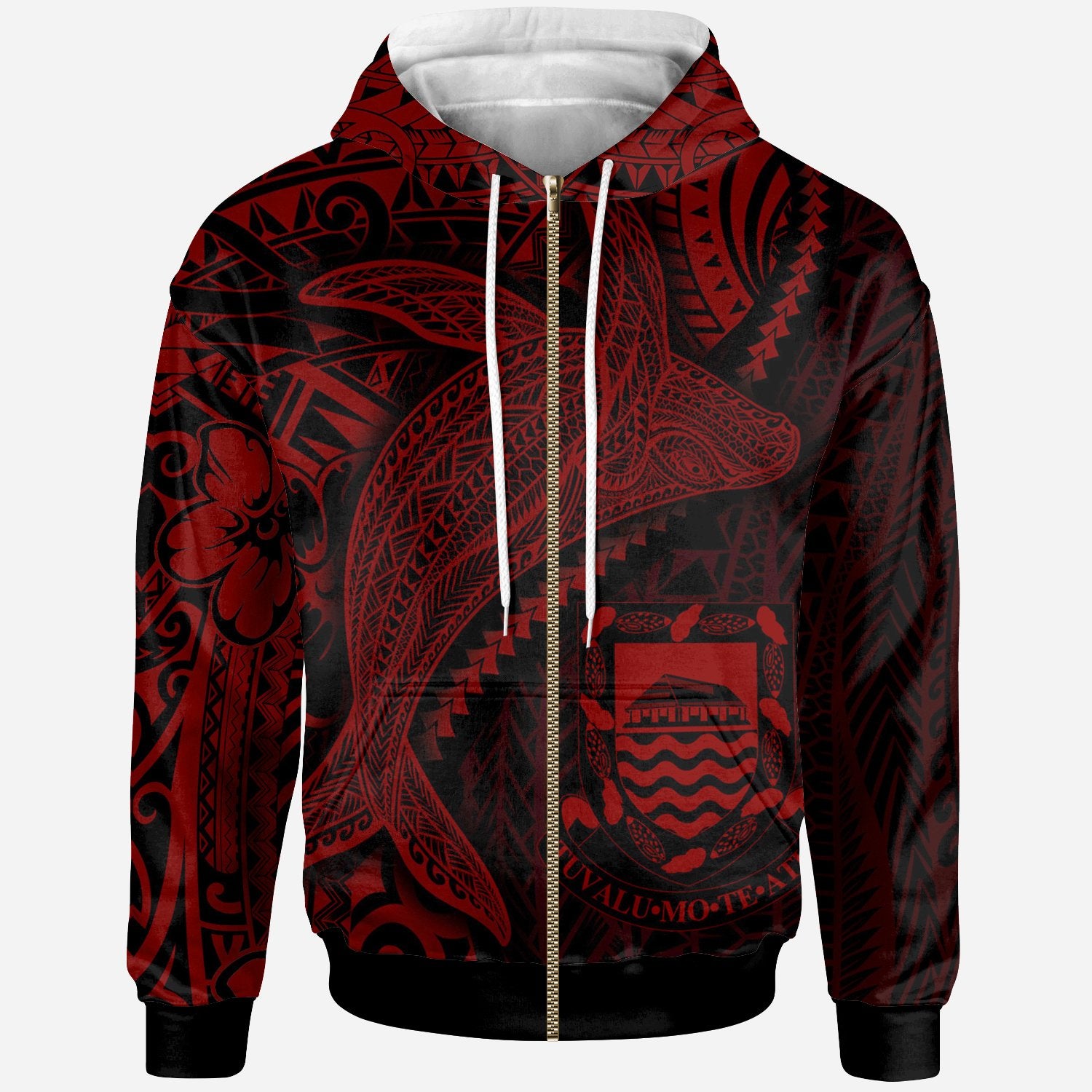 Tuvalu Zip up Hoodie Humpback Whale & Coat of Arms Red Unisex Red - Polynesian Pride