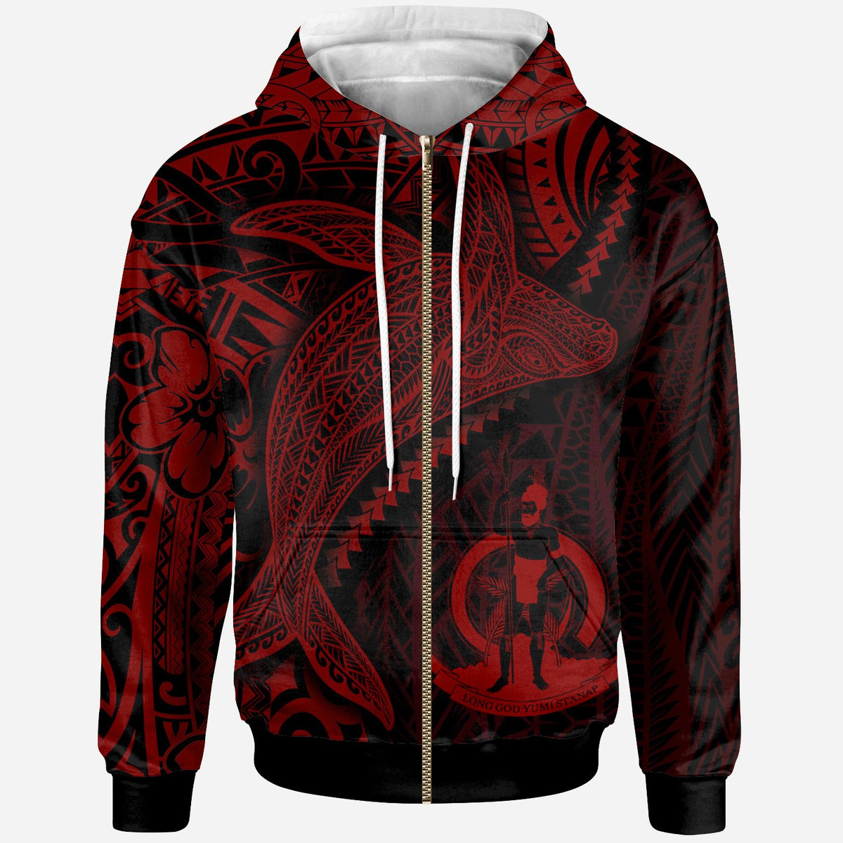 Vanuatu Zip up Hoodie Humpback Whale & Coat of Arms Red Unisex Red - Polynesian Pride