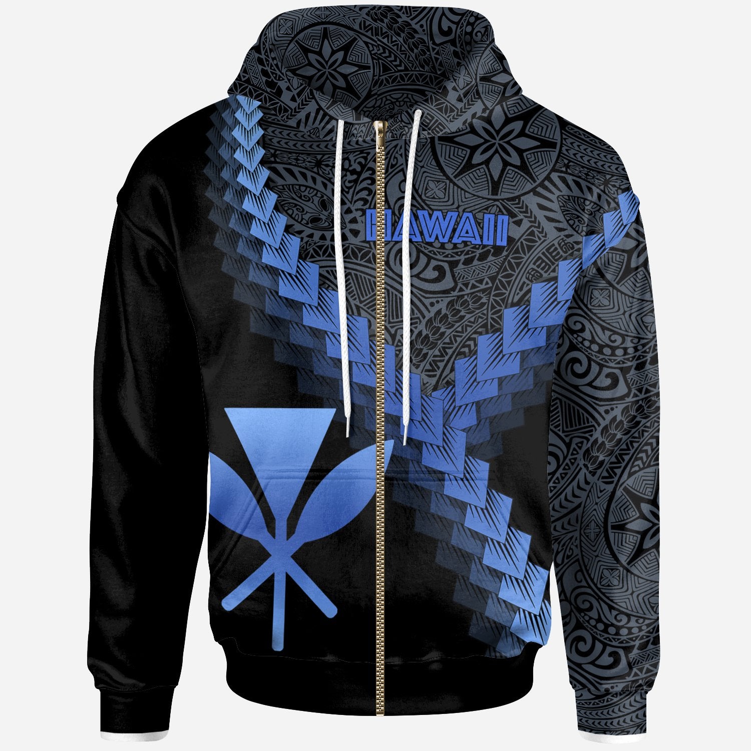 Hawaii Kanaka Maoli Zip up Hoodie Hawaii Kanaka Maoli Zip up Hoodie Coat of Arms With Polynesian Tattoo Blue Unisex Blue - Polynesian Pride