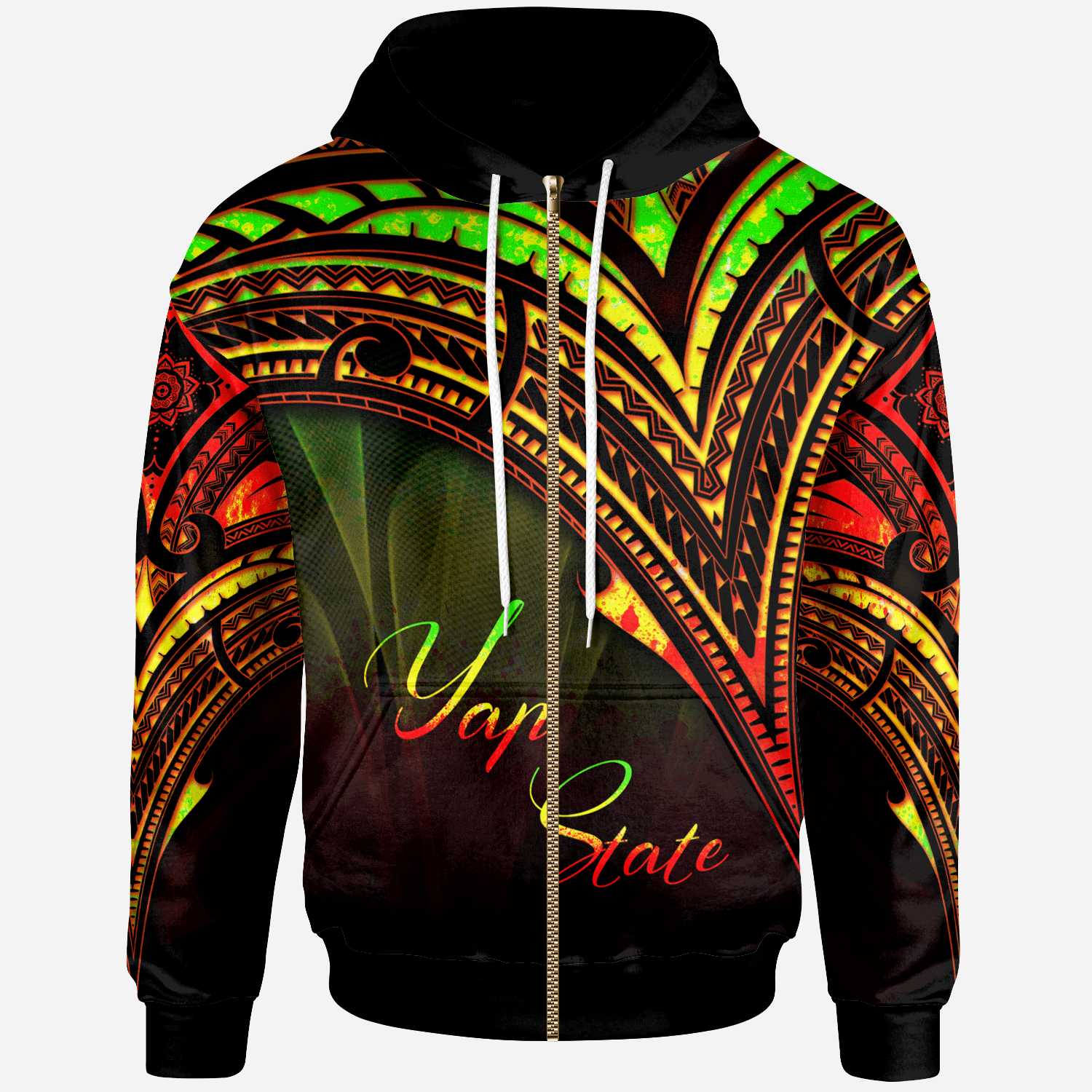 Yap State Zip Hoodie Reggae Color Cross Style Unisex Black - Polynesian Pride