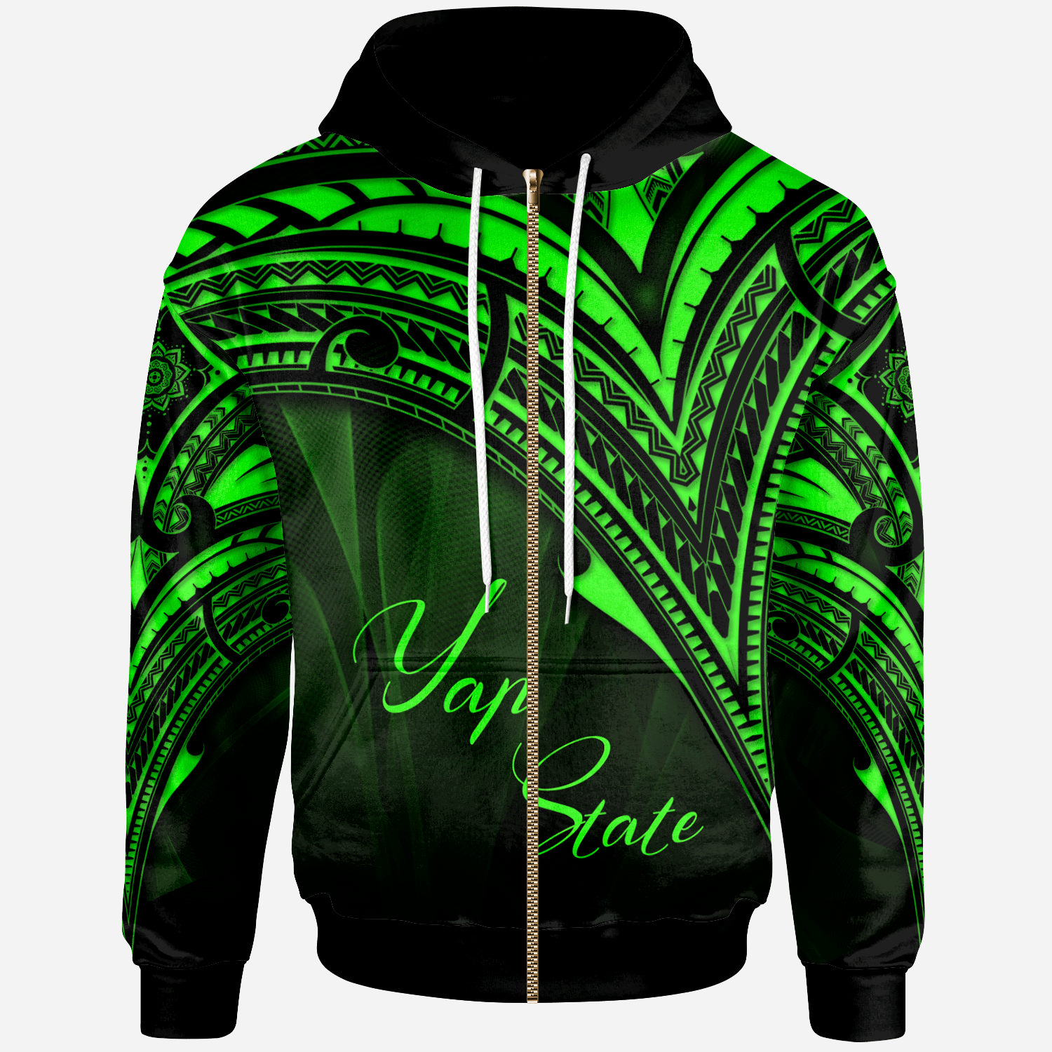 Yap State Zip Hoodie Green Color Cross Style Unisex Black - Polynesian Pride