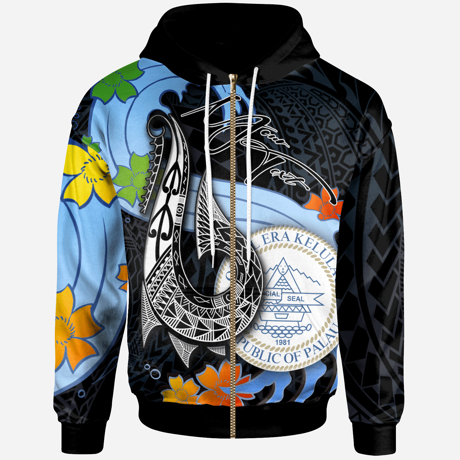 Palau Custom Zip Hoodie Fish Hooks and Wave Unisex Black - Polynesian Pride