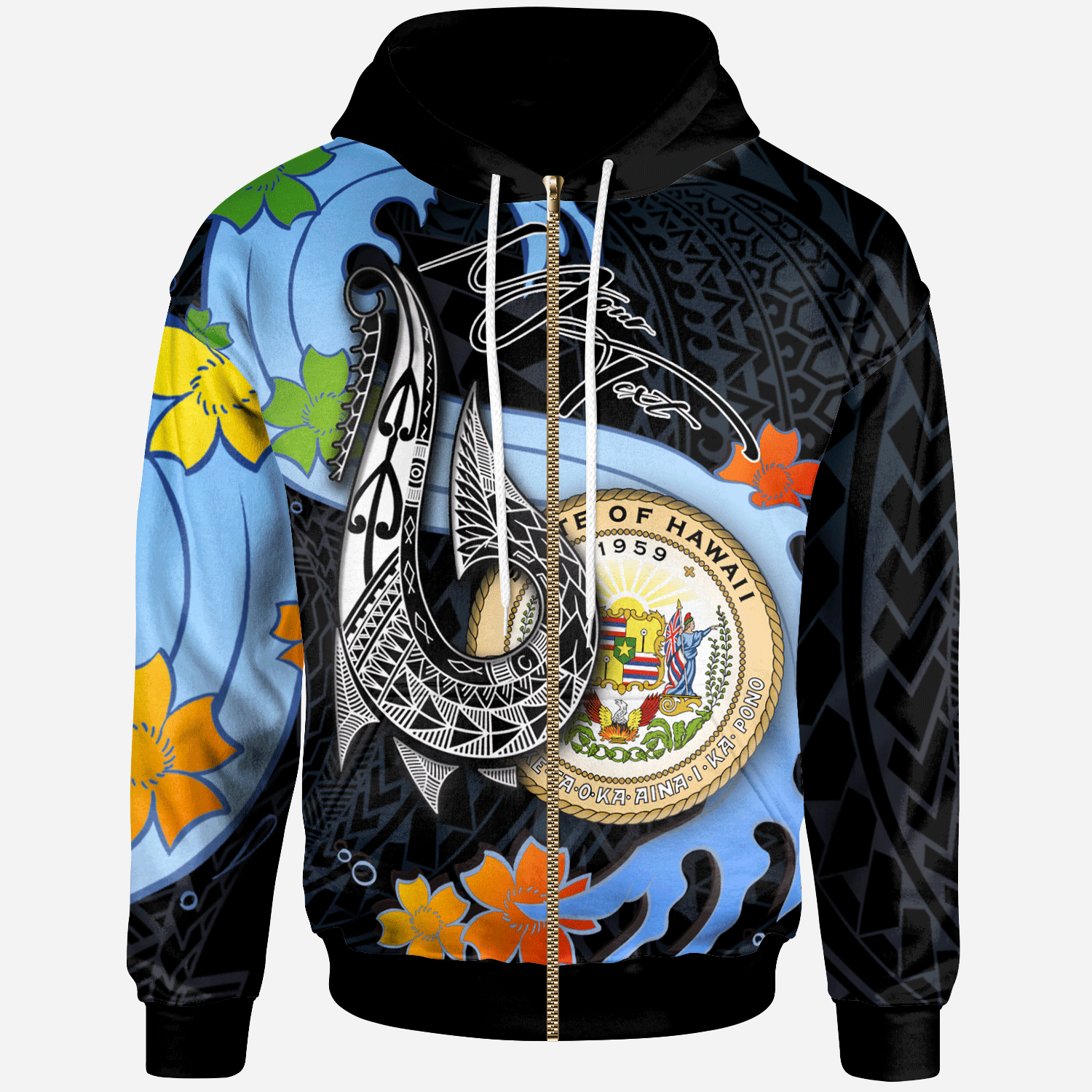 Hawaii Custom Zip Hoodie Fish Hooks and Wave Unisex Black - Polynesian Pride