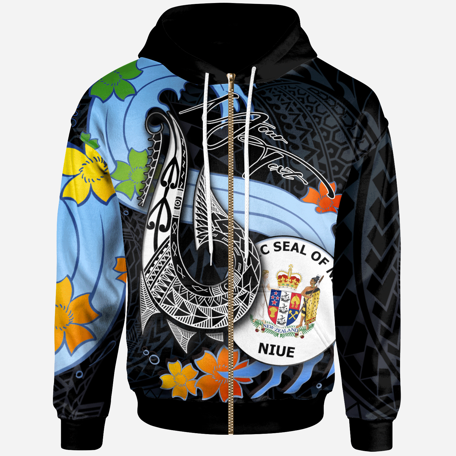 Niue Custom Zip Hoodie Fish Hooks and Wave Unisex Black - Polynesian Pride