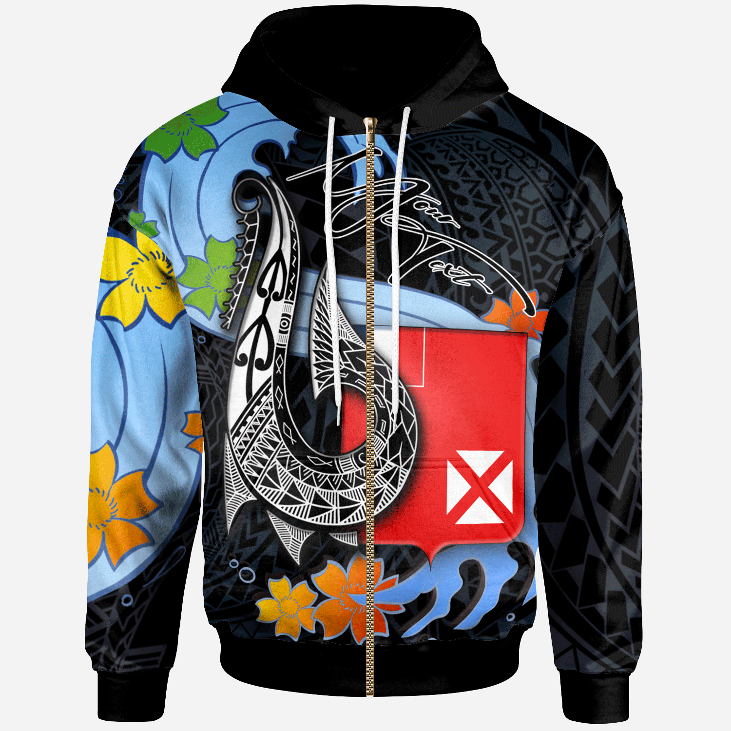 Wallis and Futuna Custom Zip Hoodie Fish Hooks and Wave Unisex Black - Polynesian Pride