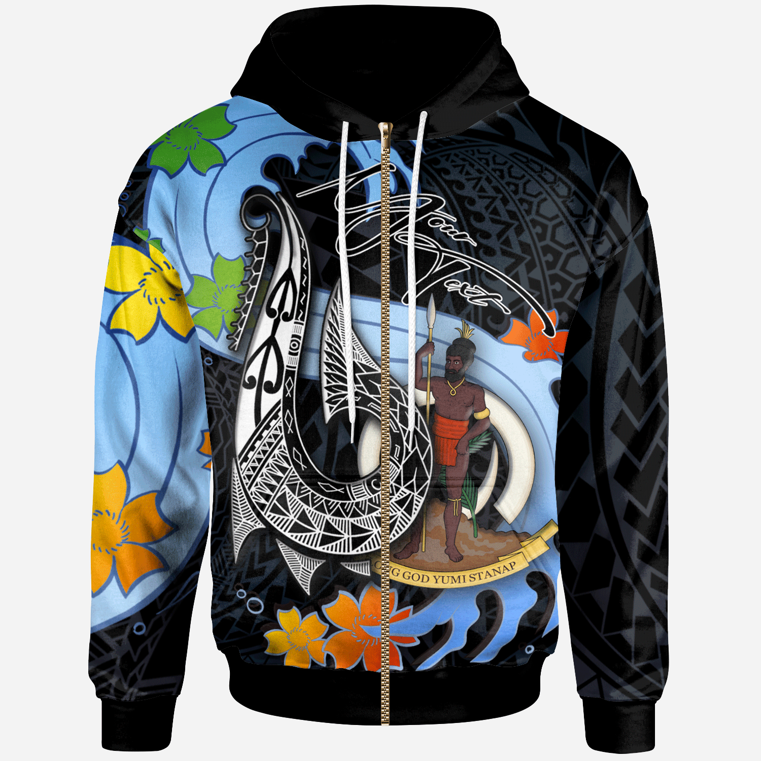 Vanuatu Custom Zip Hoodie Fish Hooks and Wave Unisex Black - Polynesian Pride