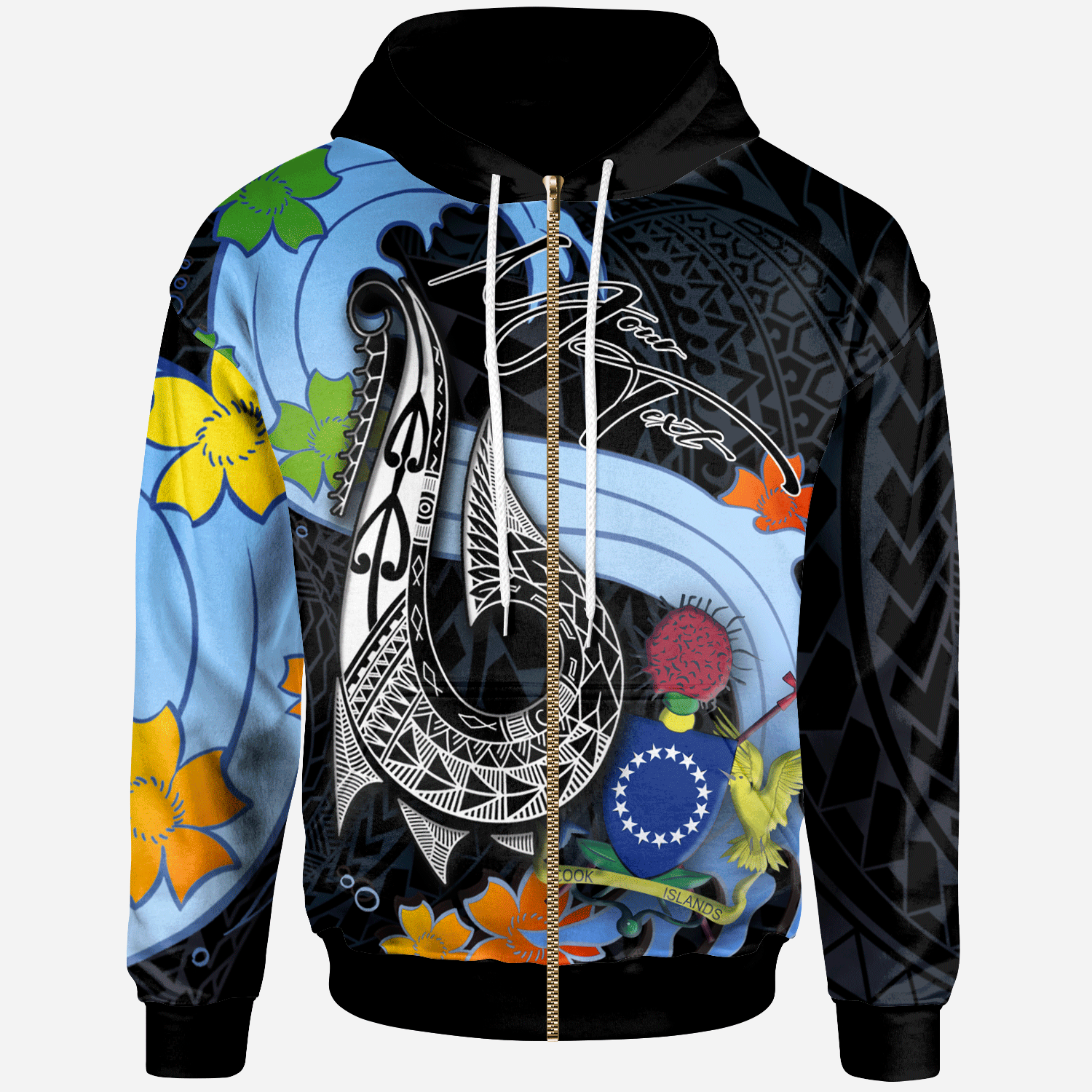 Cook Islands Custom Zip Hoodie Fish Hooks and Wave Unisex Black - Polynesian Pride