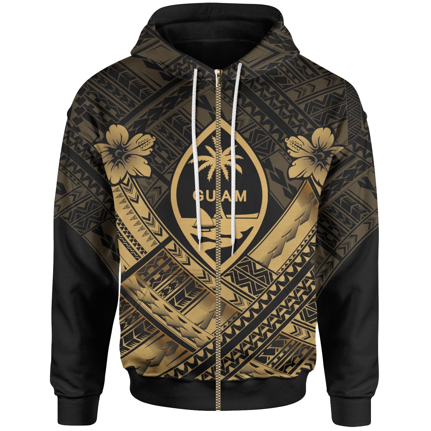 Guam Polynesian Zip up Hoodie Guam Gold Seal Camisole Hibiscus Style Unisex Gold - Polynesian Pride