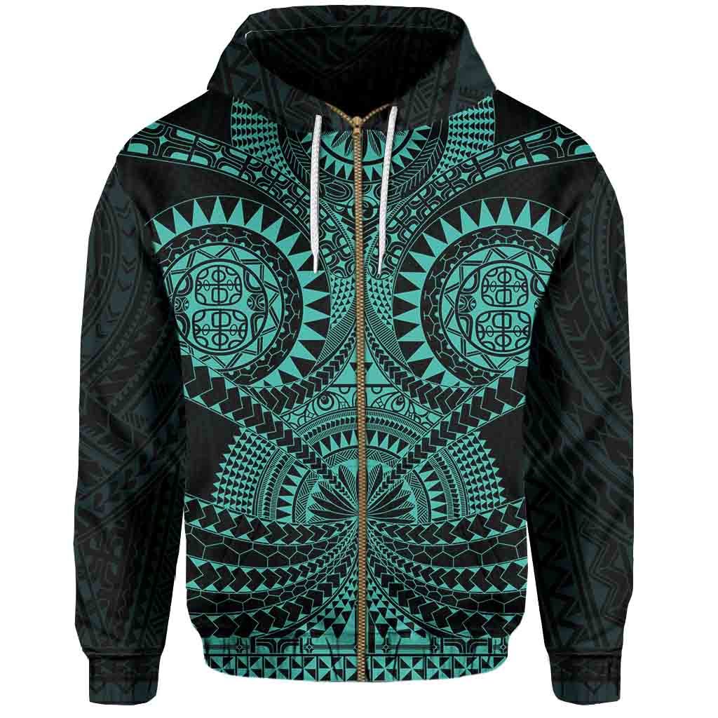 Polynesian Tattoo All Over Print Zip Hoodie Turquoise Unisex Black - Polynesian Pride