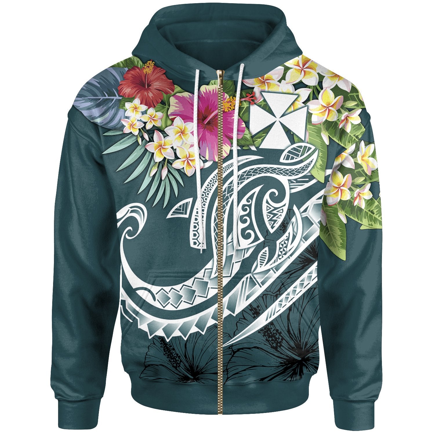 Wallis and Futuna Polynesian Zip up Hoodie Summer Plumeria (Turquoise) Unisex Turquoise - Polynesian Pride