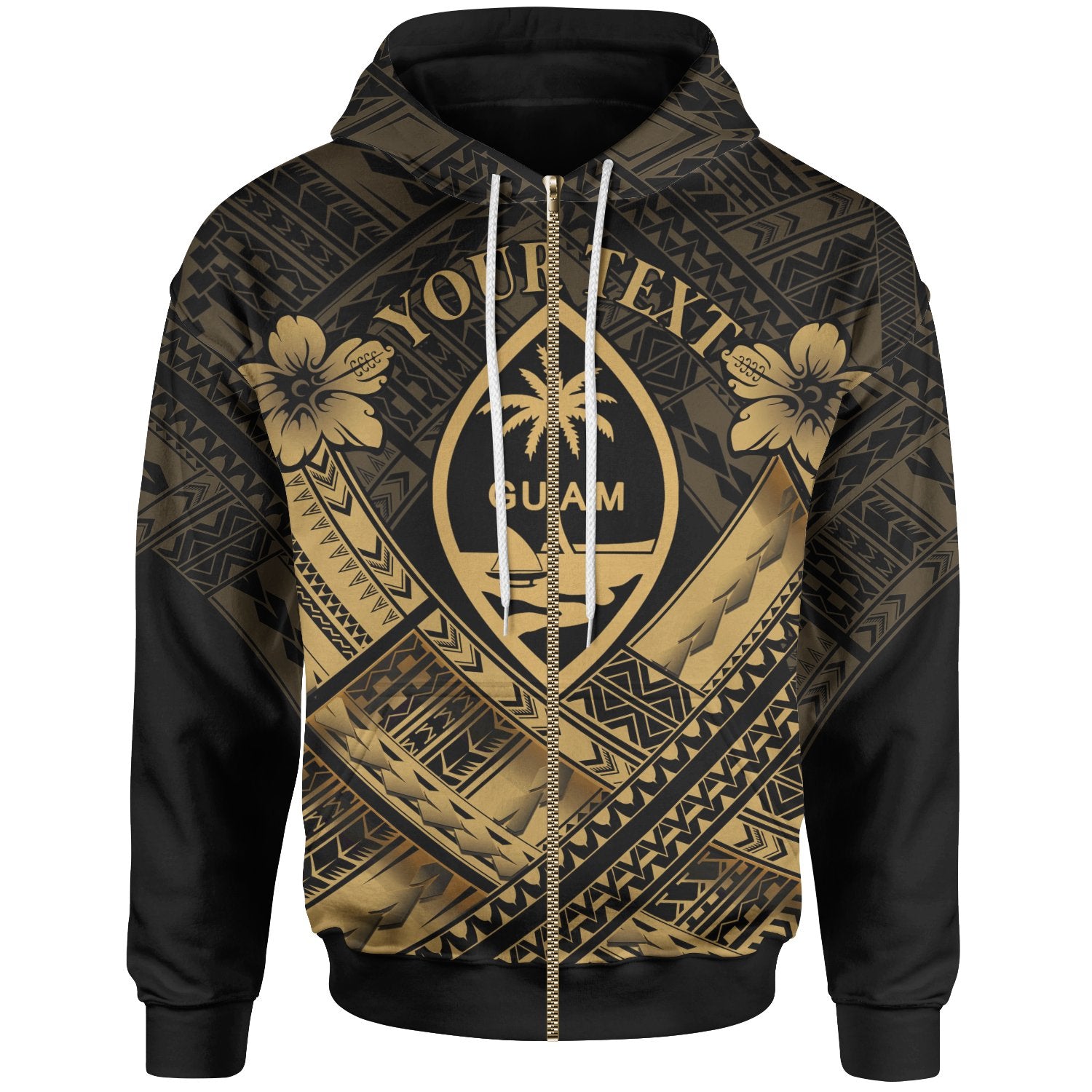 Guam Polynesian Custom Zip up Hoodie Guam Gold Seal Camisole Hibiscus Style Unisex Gold - Polynesian Pride