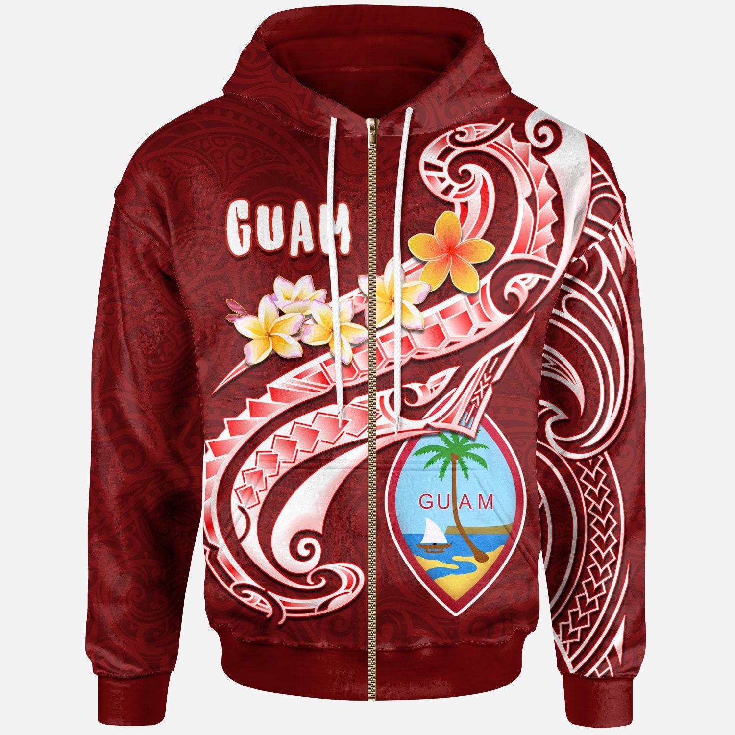 Guam Zip up Hoodies Guam Seal Polynesian Patterns Plumeria (Red) Unisex Red - Polynesian Pride