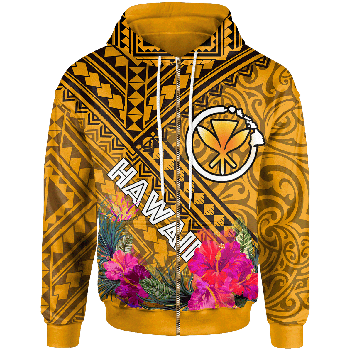 Hawaii Zip up Hoodie Kanaka Maoli With Hibiscus On Polynesian Patterns (YELLOW) Unisex White - Polynesian Pride