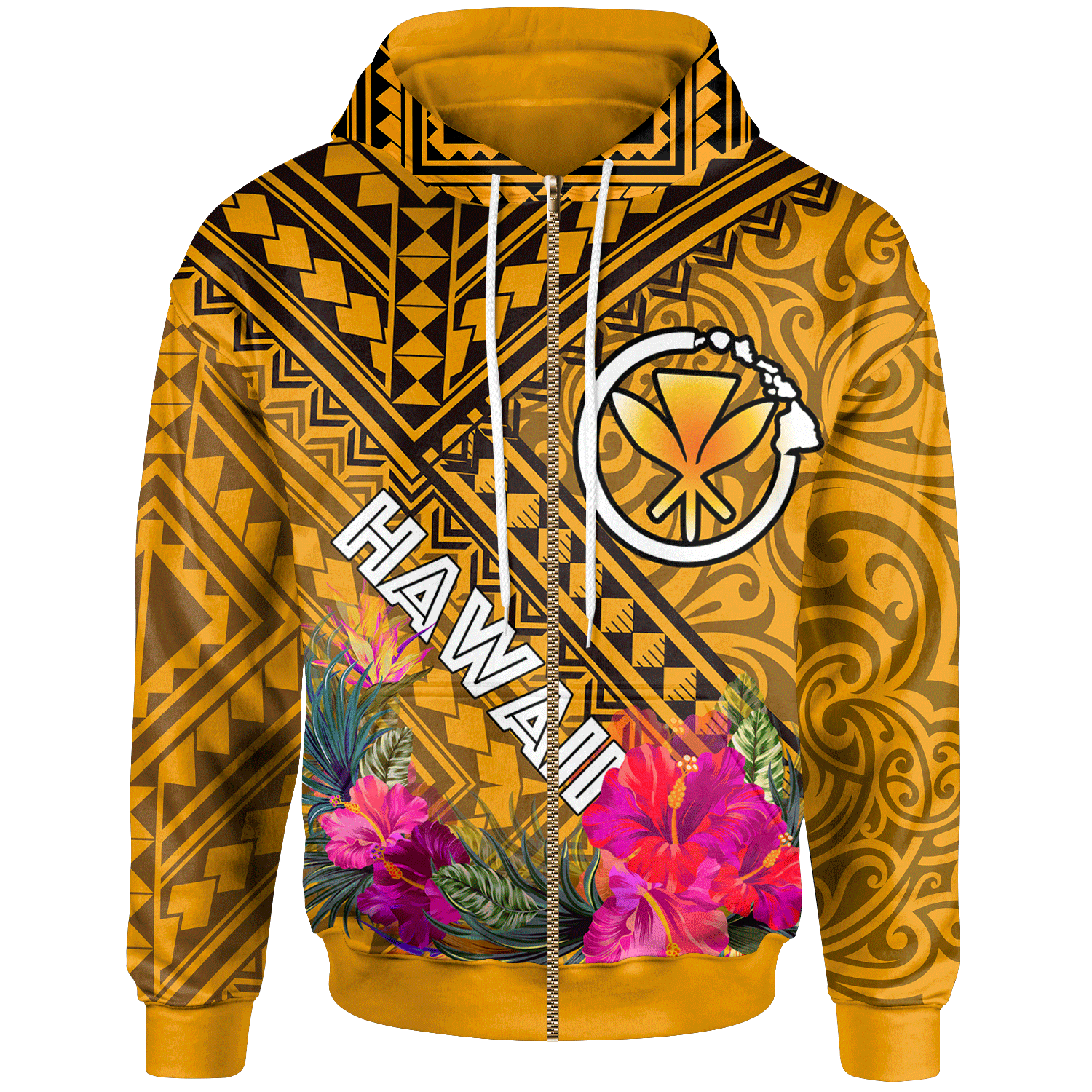 Hawaii Zip up Hoodie Kanaka Maoli With Hibiscus On Polynesian Patterns (YELLOW) Unisex White - Polynesian Pride