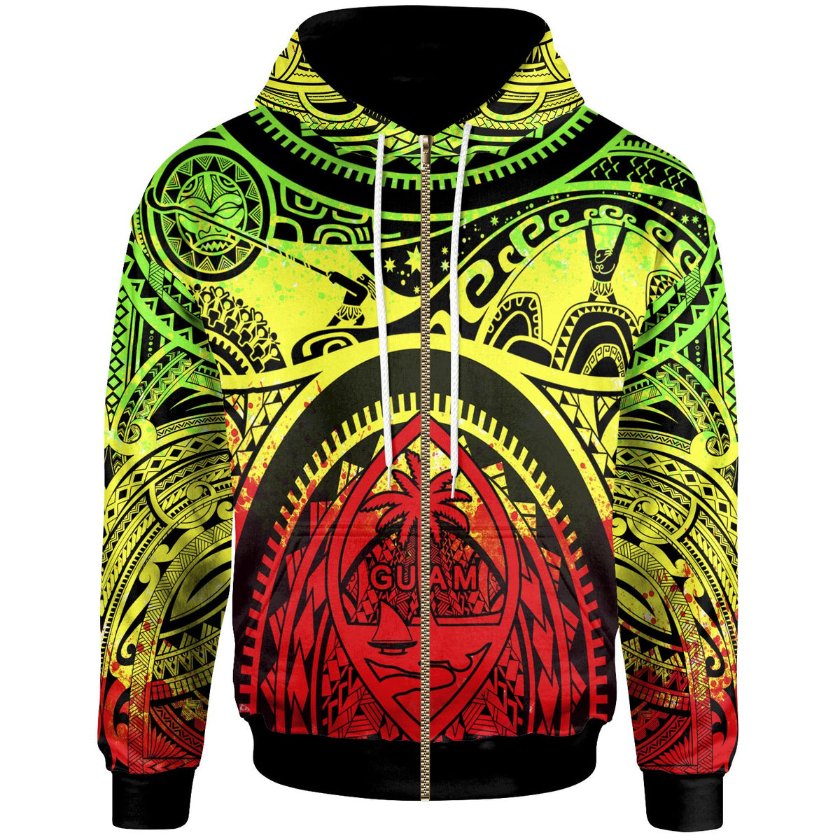 Polynesian Zip up Hoodie Guam Flag, Seal with Maui Moana Tattoo Unisex Reggae - Polynesian Pride