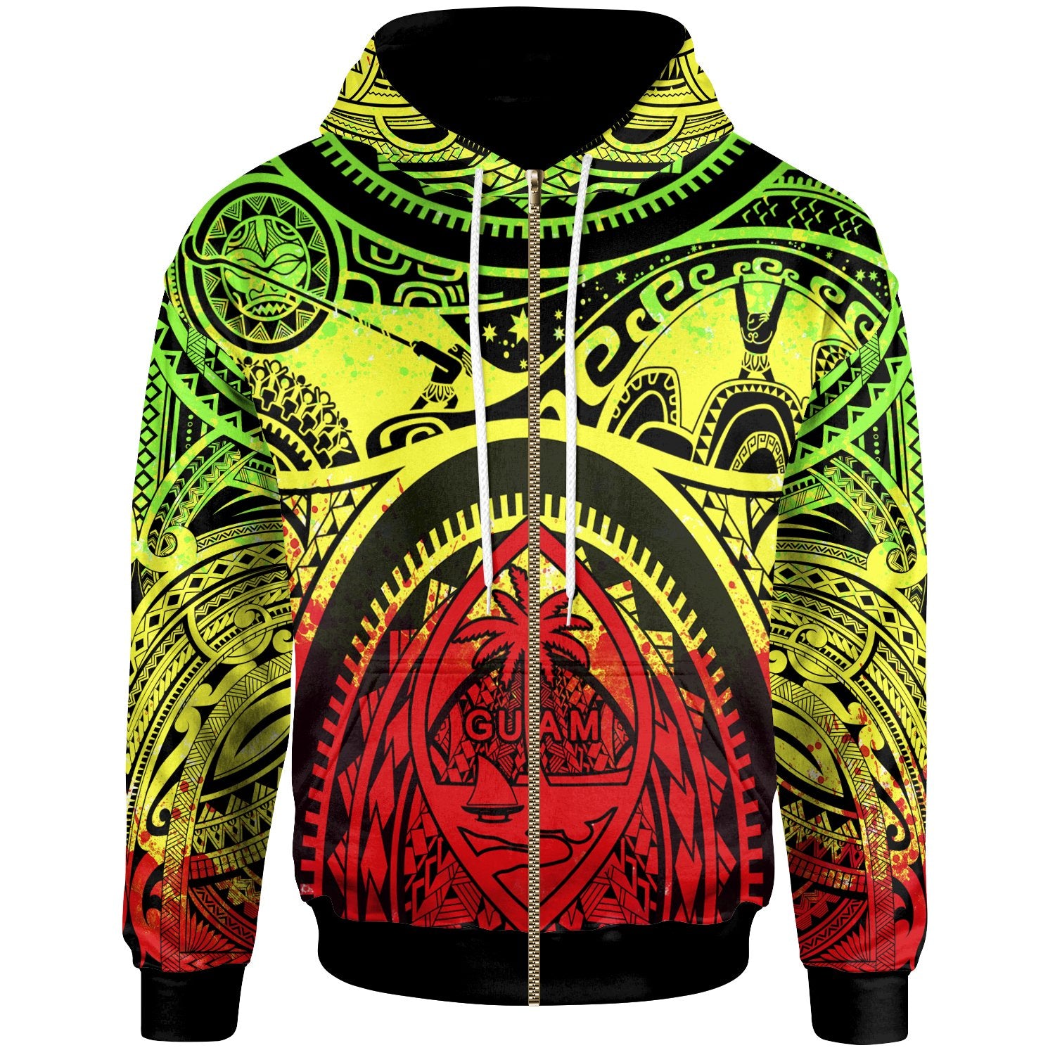Polynesian Zip up Hoodie Guam Flag, Seal with Maui Moana Tattoo Unisex Reggae - Polynesian Pride