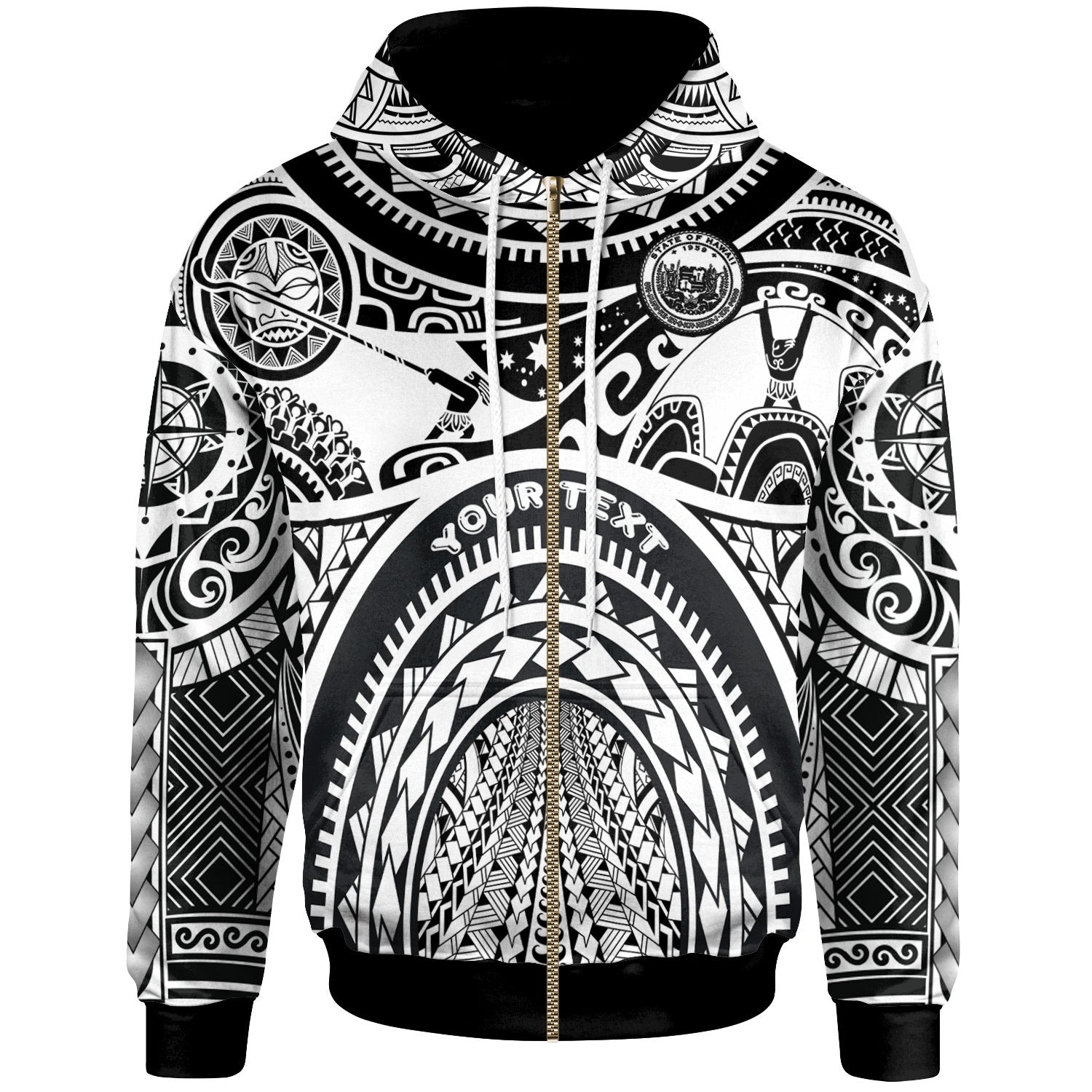 Polynesian Hawaii Zip up Hoodie Coat of Arm Hawaii & Maui Tattoo Unisex White - Polynesian Pride