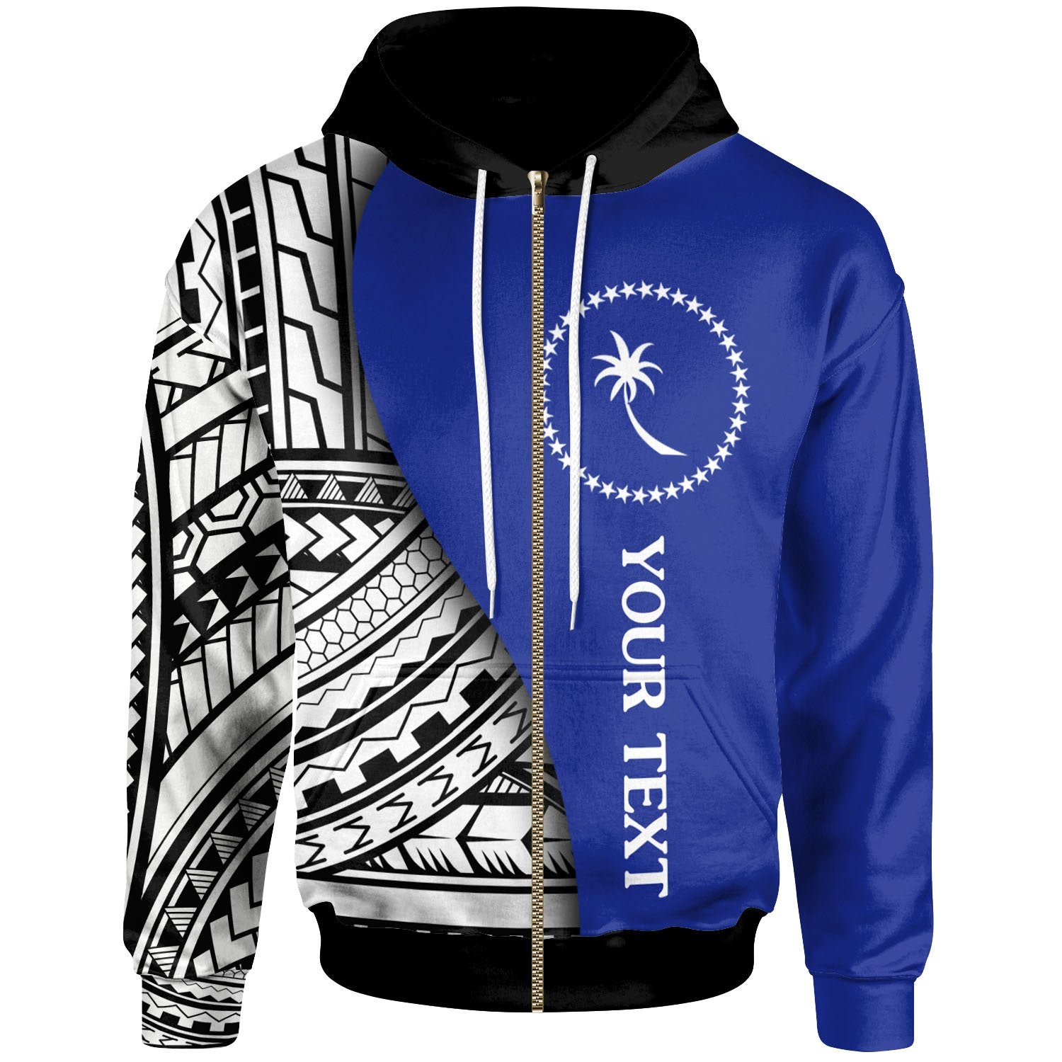 Chuuk Custom Zip up Hoodie Coat of Arm and Polynesian Patterns Unisex Blue - Polynesian Pride