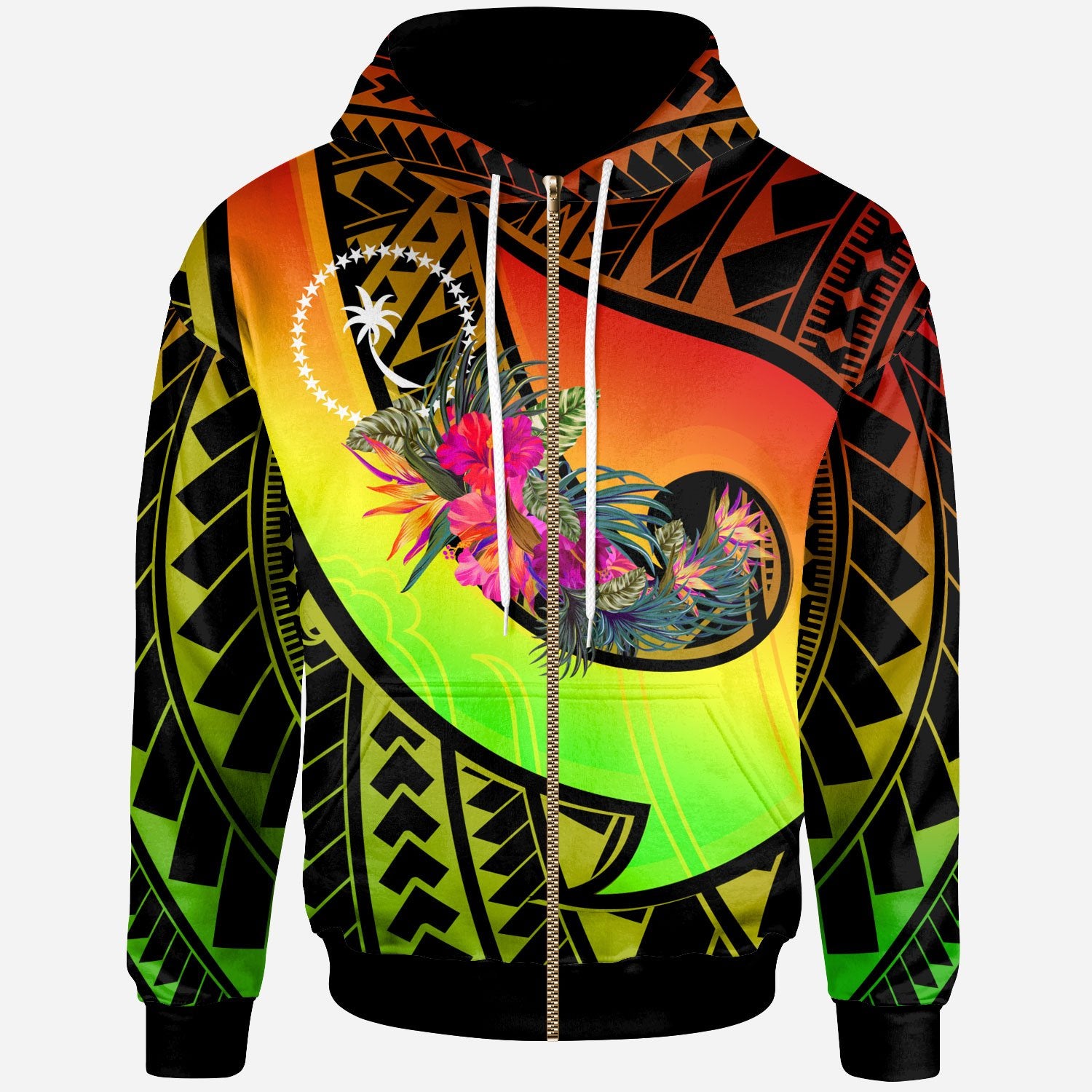 Chuuk zip up Hoodie Polynesian Hook and Hibiscus (Raggae) Unisex Raggae - Polynesian Pride