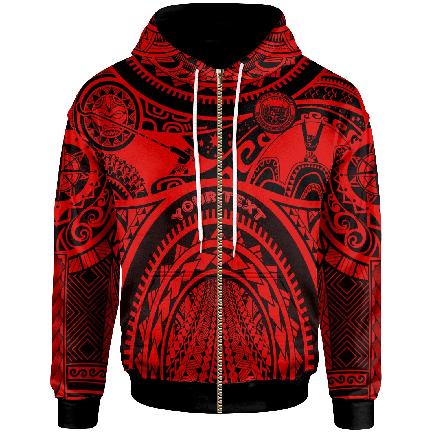 Custom Polynesian Hawaii Zip up Hoodie Coat of Arm Hawaii & Maui Tattoo Unisex Red - Polynesian Pride