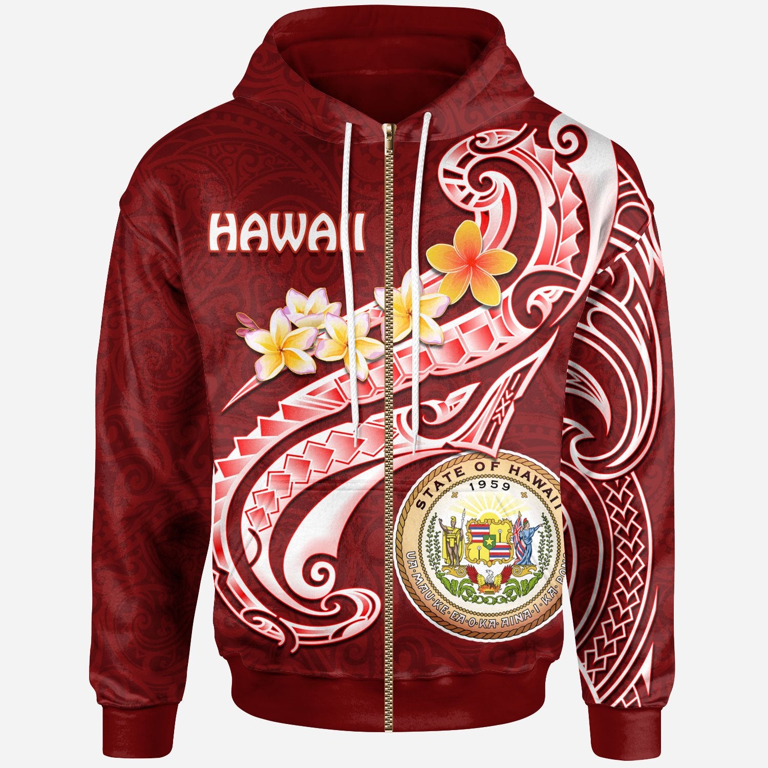 Hawaii Zip up Hoodie Hawaii Seal Polynesian Patterns Plumeria Red - Polynesian Pride