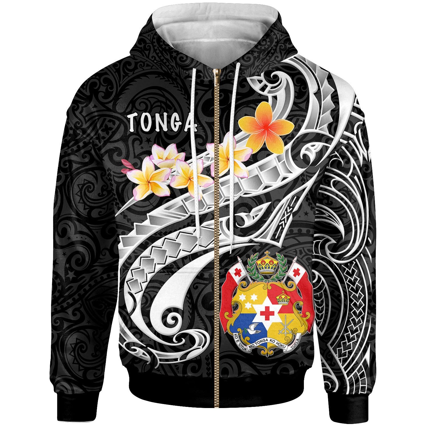 Tonga Zip up Hoodie Tonga Seal Polynesian Patterns Plumeria (Black) Unisex Black - Polynesian Pride