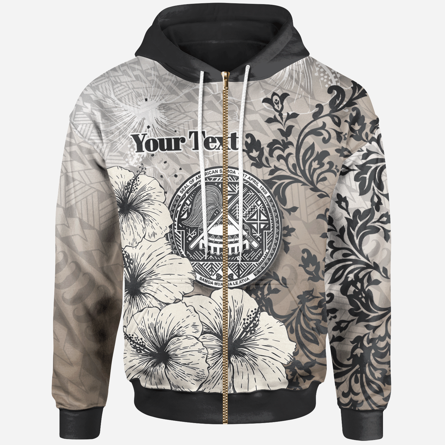 American Samoa Zip Hoodie Custom Vintage Luxury Floral Style Unisex Nude - Polynesian Pride