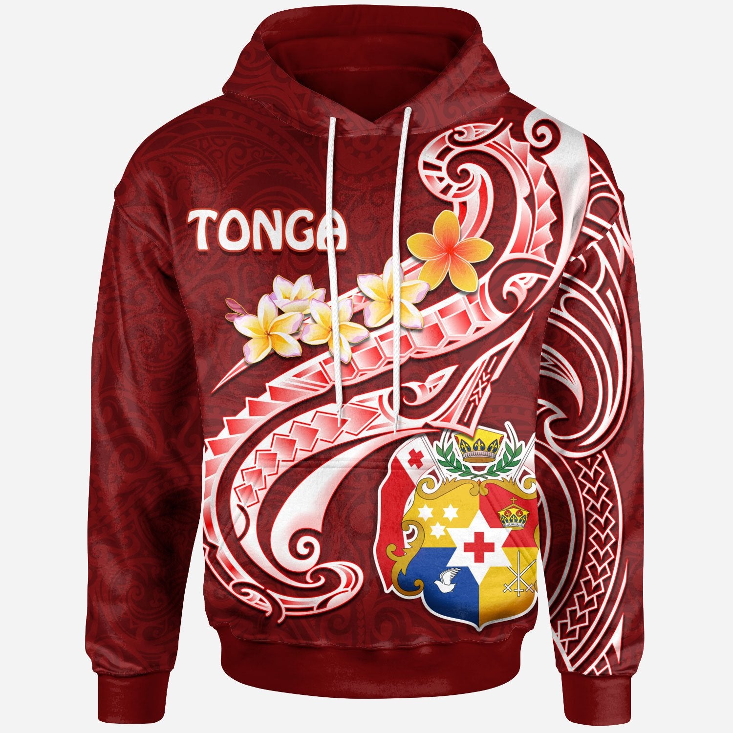 Tonga Hoodie Tonga Coat of Arms With Polynesian Patterns Unisex Red - Polynesian Pride