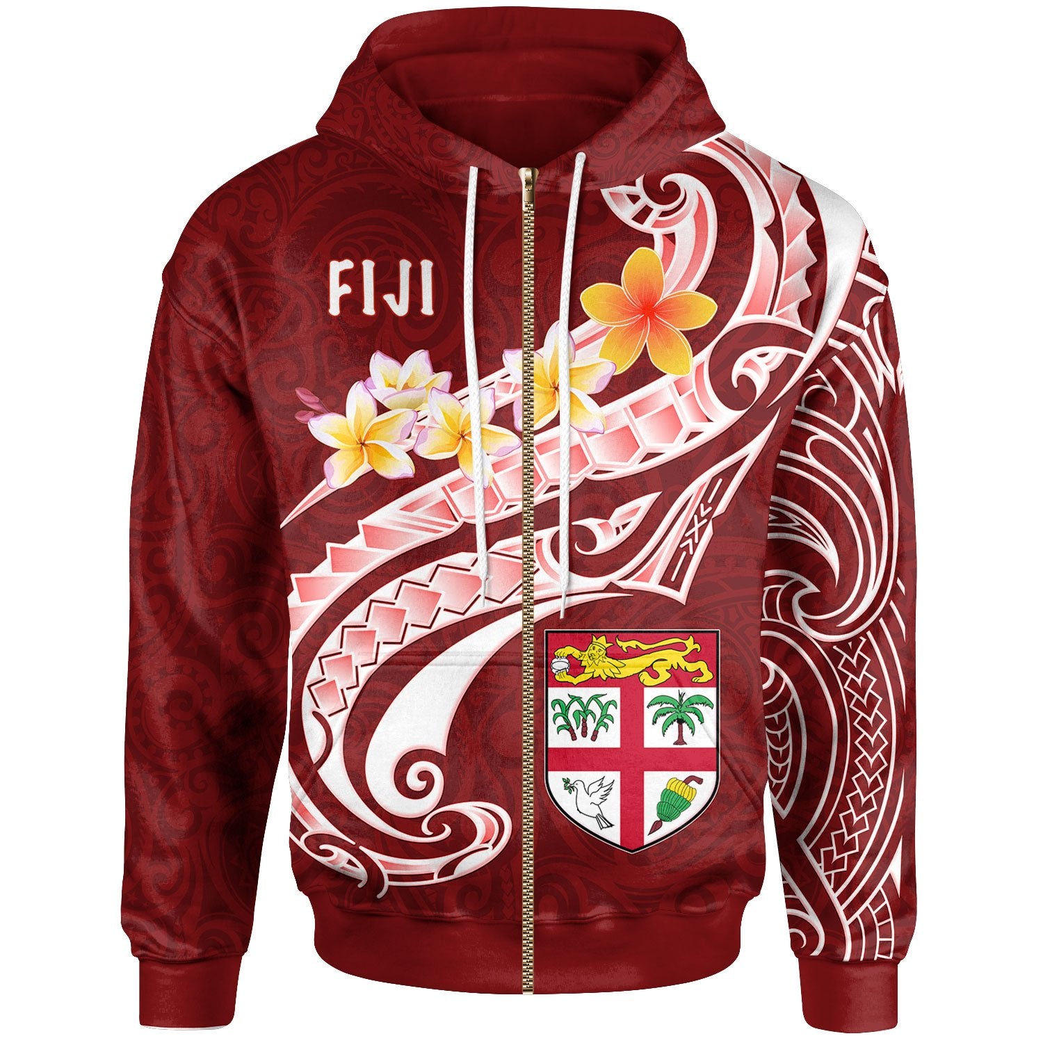 Fiji Zip up Hoodie Fiji Seal Polynesian Patterns Plumeria (Red) Unisex Red - Polynesian Pride