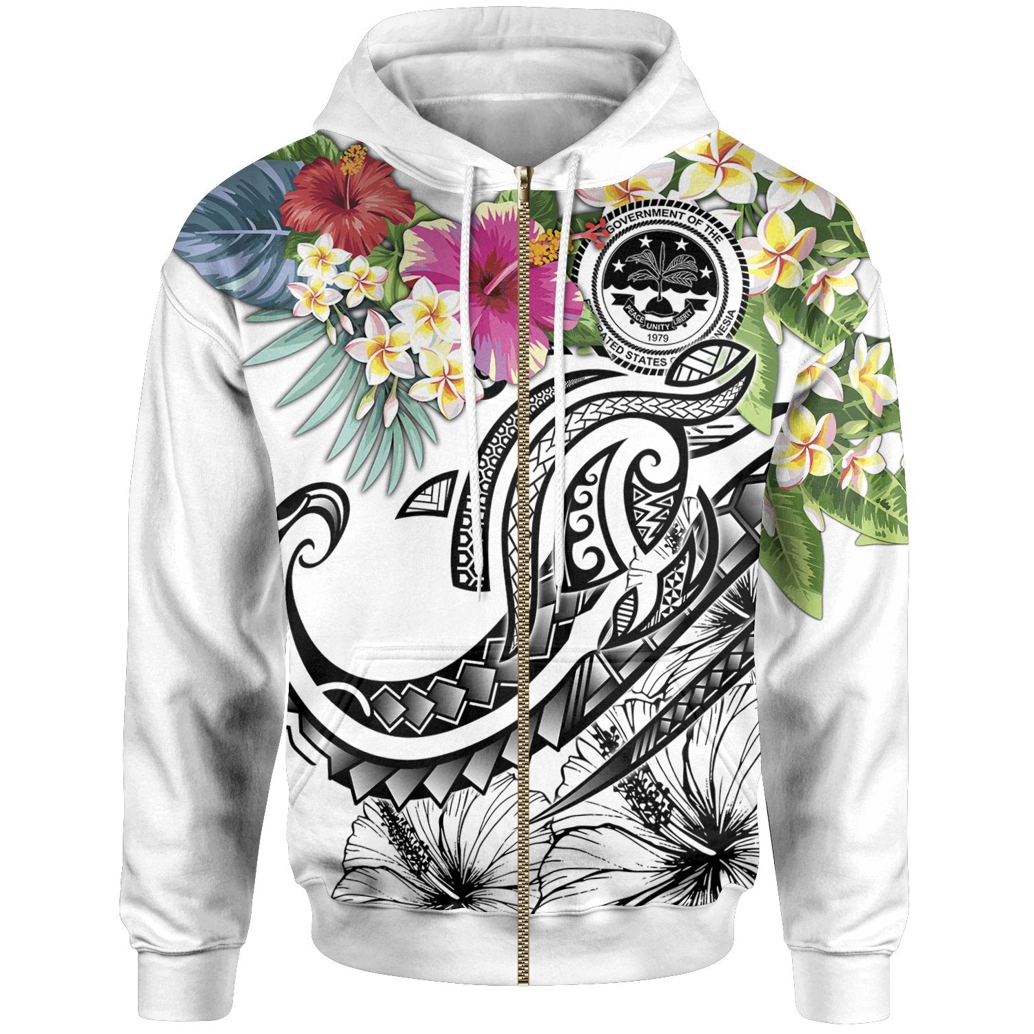 FSM Polynesian Zip up Hoodie Summer Plumeria (White) Unisex White - Polynesian Pride