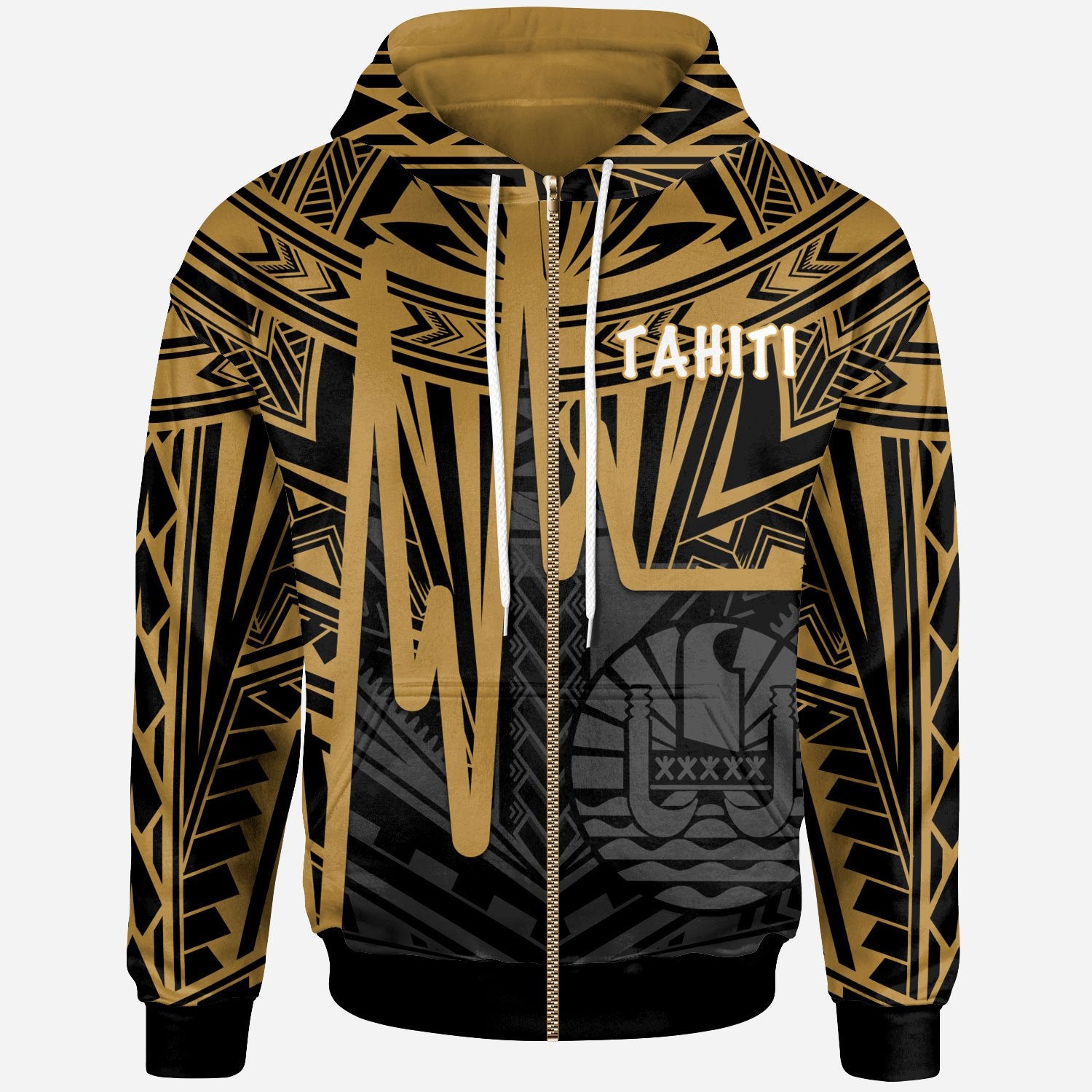 Tahiti Zip up Hoodie Tahiti Seal In Heartbeat Patterns Style (Gold) Unisex Gold - Polynesian Pride