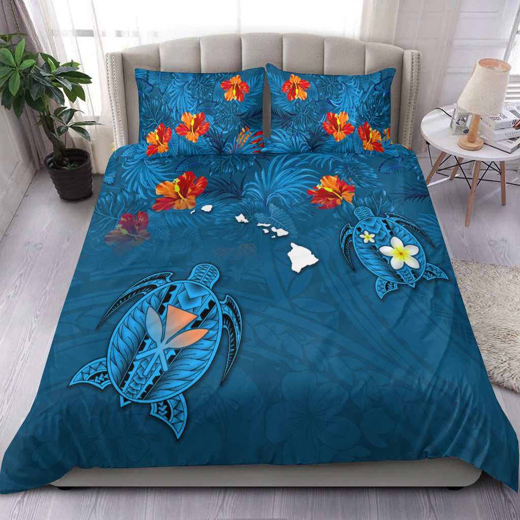 Hawaiian Islands Bedding Set - Hawaii Tropical Flowers and Turtles Blue LT13 Blue - Polynesian Pride