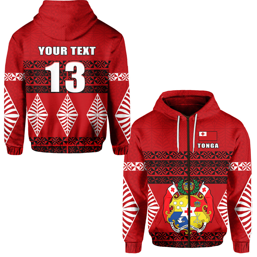 Custom Tonga Zip Hoodie Tongan Pattern Custom Text and Number LT13 Unisex Red - Polynesian Pride