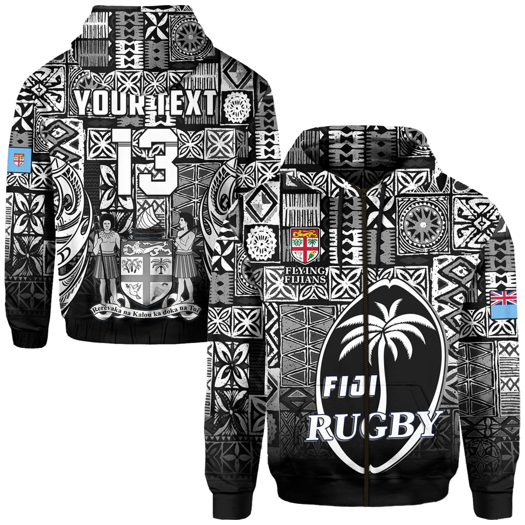 (Custom Text and Number) Fiji Rugby Zip Hoodie Flying Fijians Black Tapa Pattern LT13 Unisex Black - Polynesian Pride