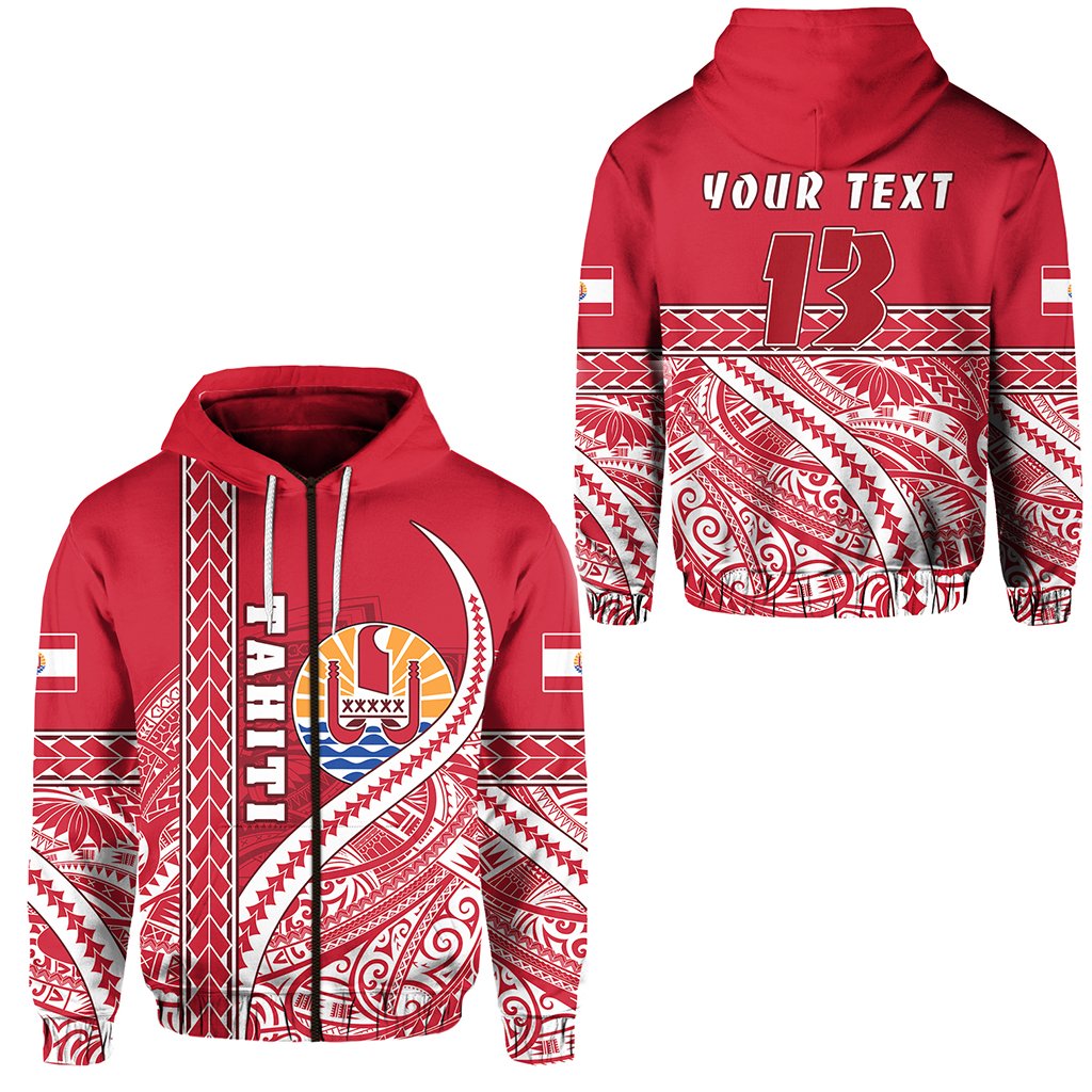 Custom Tahiti Rugby Zip Hoodie Marvelous Version Red Custom Text and Number Unisex Red - Polynesian Pride