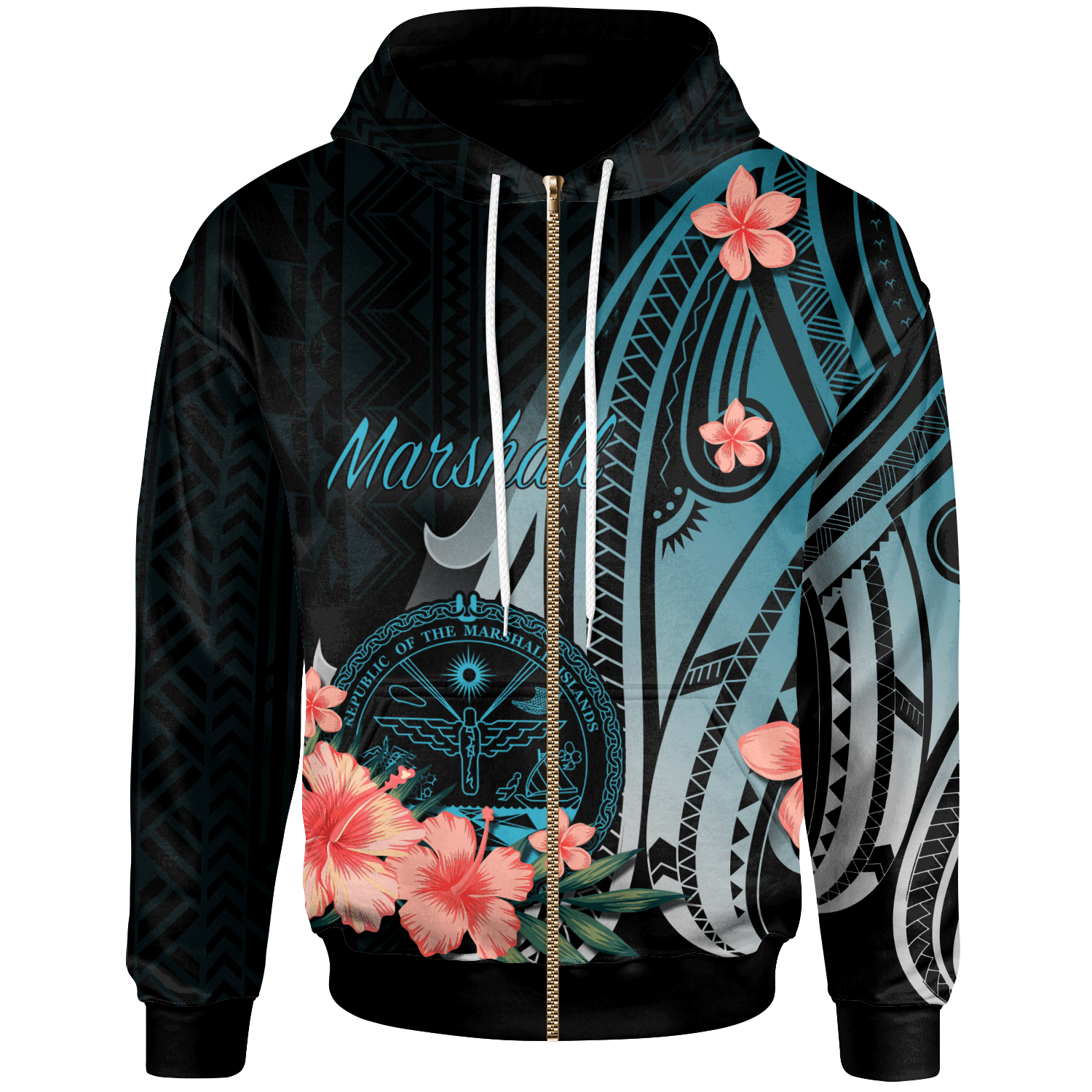 Marshall Islands Zip Hoodie Turquoise Polynesian Hibiscus Pattern Style Unisex Turquoise - Polynesian Pride