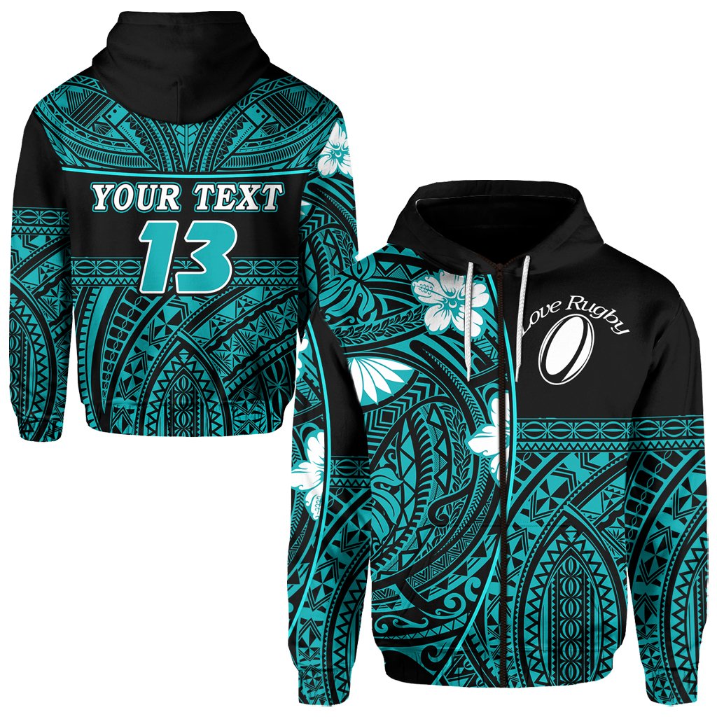 Custom Polynesian Rugby Zip Hoodie Love Turquoise Custom Text and Number Unisex Turquoise - Polynesian Pride