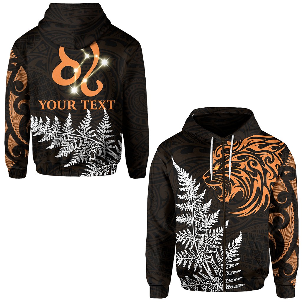 Custom Leo Zodiac Style Maori Zip Hoodie Orange Lion LT13 Unisex Black - Polynesian Pride