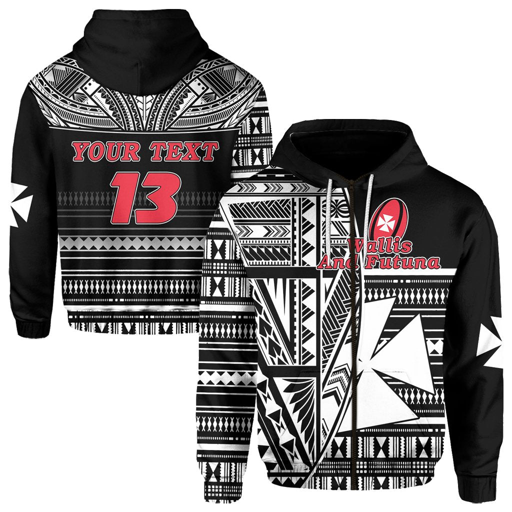 Custom Wallis and Futuna Rugby Zip Hoodie Polynesian Clever Black Custom Text and Number Unisex Black - Polynesian Pride