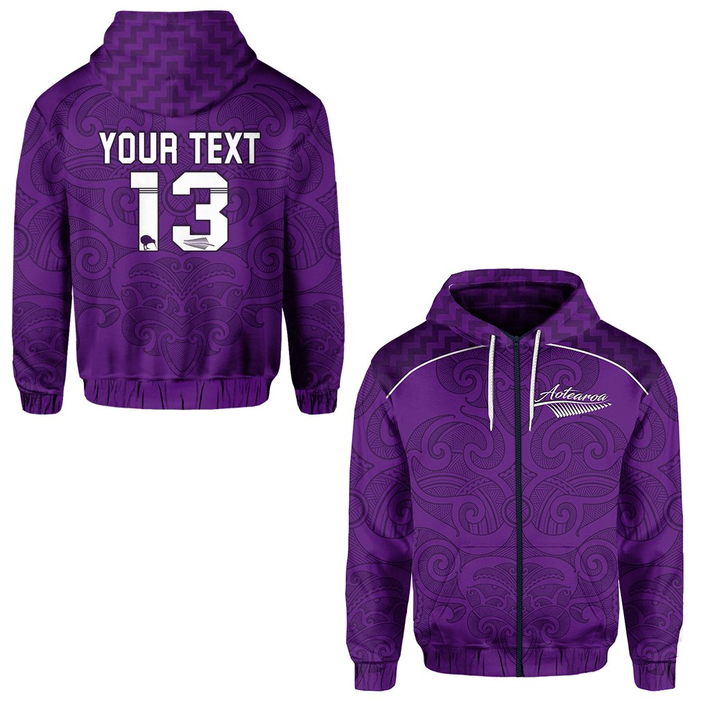 Custom Maori 2021 Zip Hoodie Purple Aotearoa Tattoo Custom Text and Number LT13 Unisex Purple - Polynesian Pride