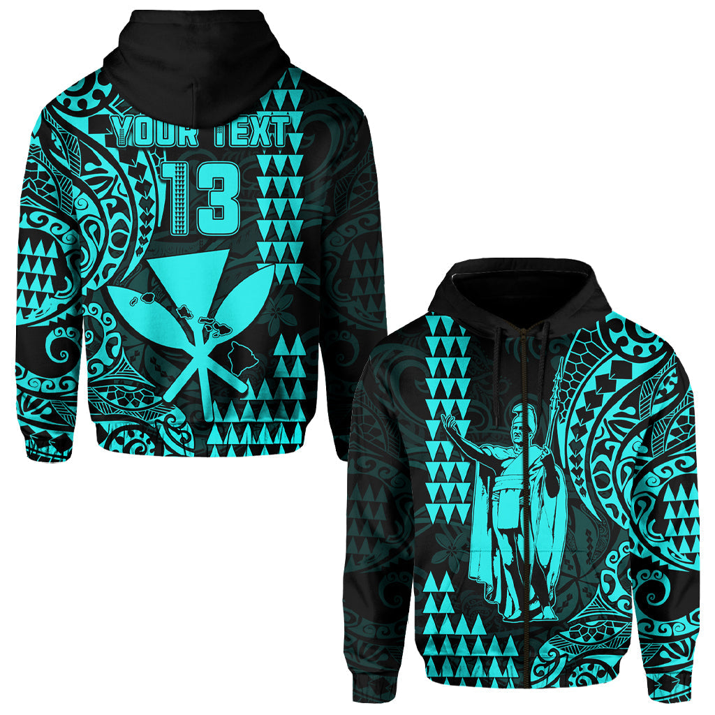 (Custom Text and Number) Hawaii Day Kakau Hoodie Proud To Be Hawaiian Turquoise King Kamehameha and Kanaka Maoli LT13 Zip Hoodie Turquoise - Polynesian Pride