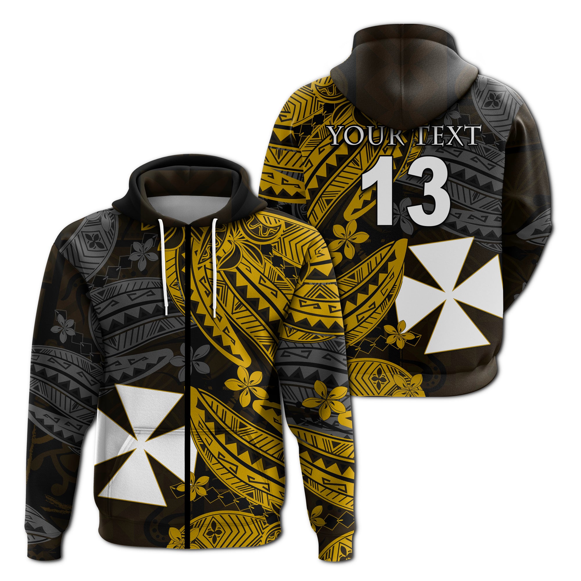 (Custom Text and Number) Wallis and Futuna Zip Hoodie Enjoy Polynesian Flowers Version Gold LT13 Unisex Gold - Polynesian Pride