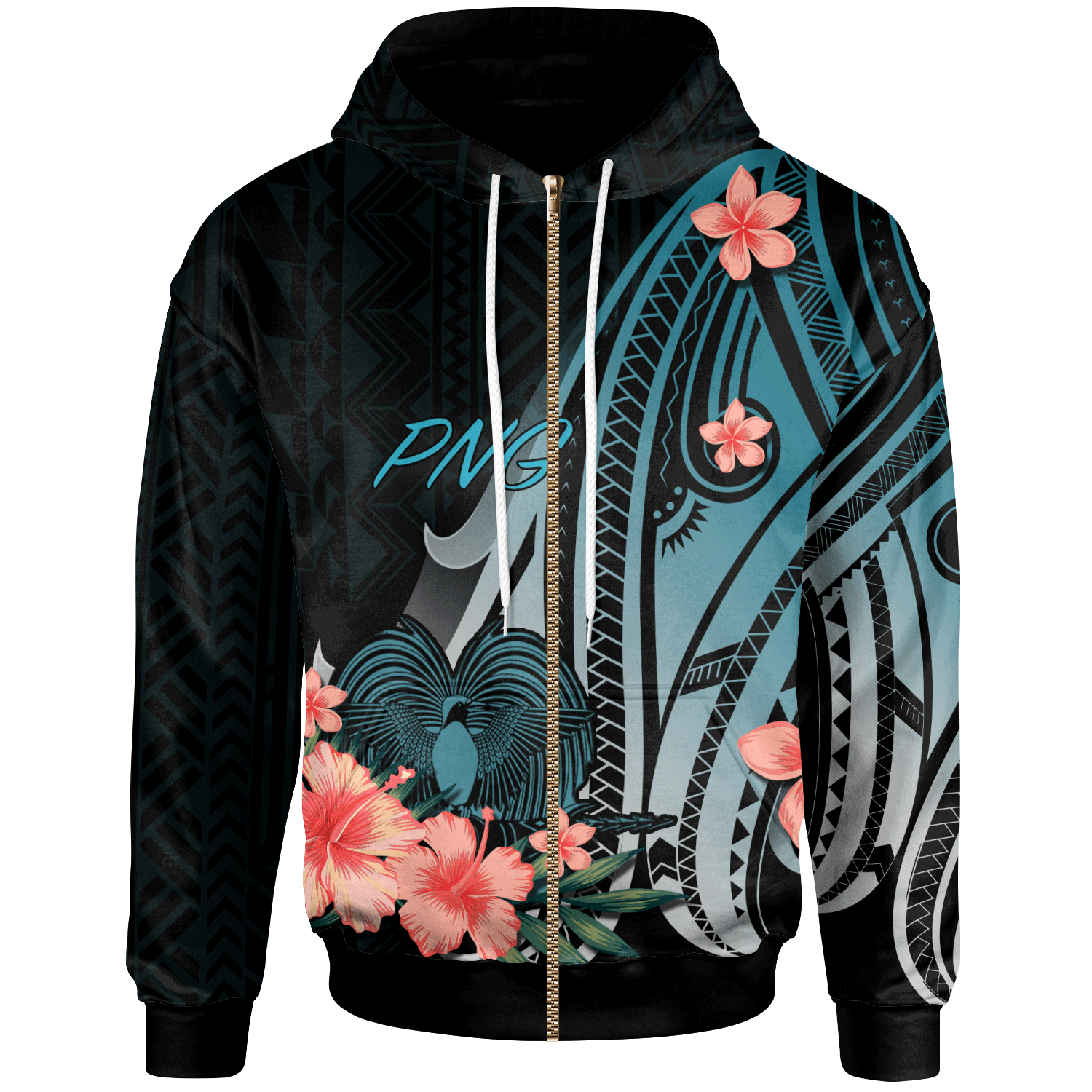 Papua New Guinea Zip Hoodie Turquoise Polynesian Hibiscus Pattern Style Unisex Turquoise - Polynesian Pride